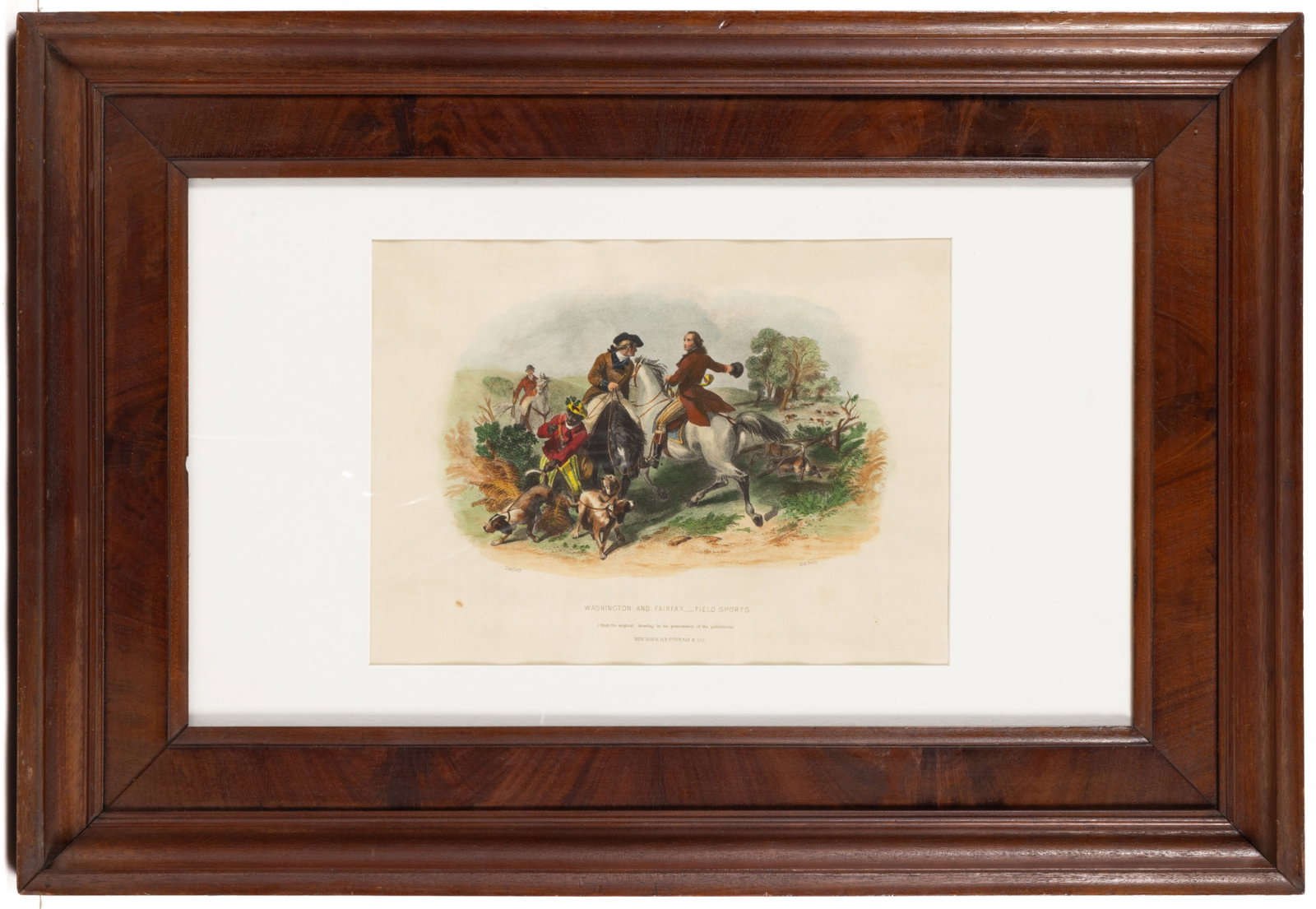 AMERICAN HISTORICAL GEORGE WASHINGTON AND THOMAS LORD FAIRFAX PRINT: AMERICAN HISTORICAL GEORGE WASHINGTON AND THOMAS LORD FAIRFAX PRINT, hand-colored engraving on paper, Washington and Fairfax, - Field Sports (From the original drawing in possession of the publis