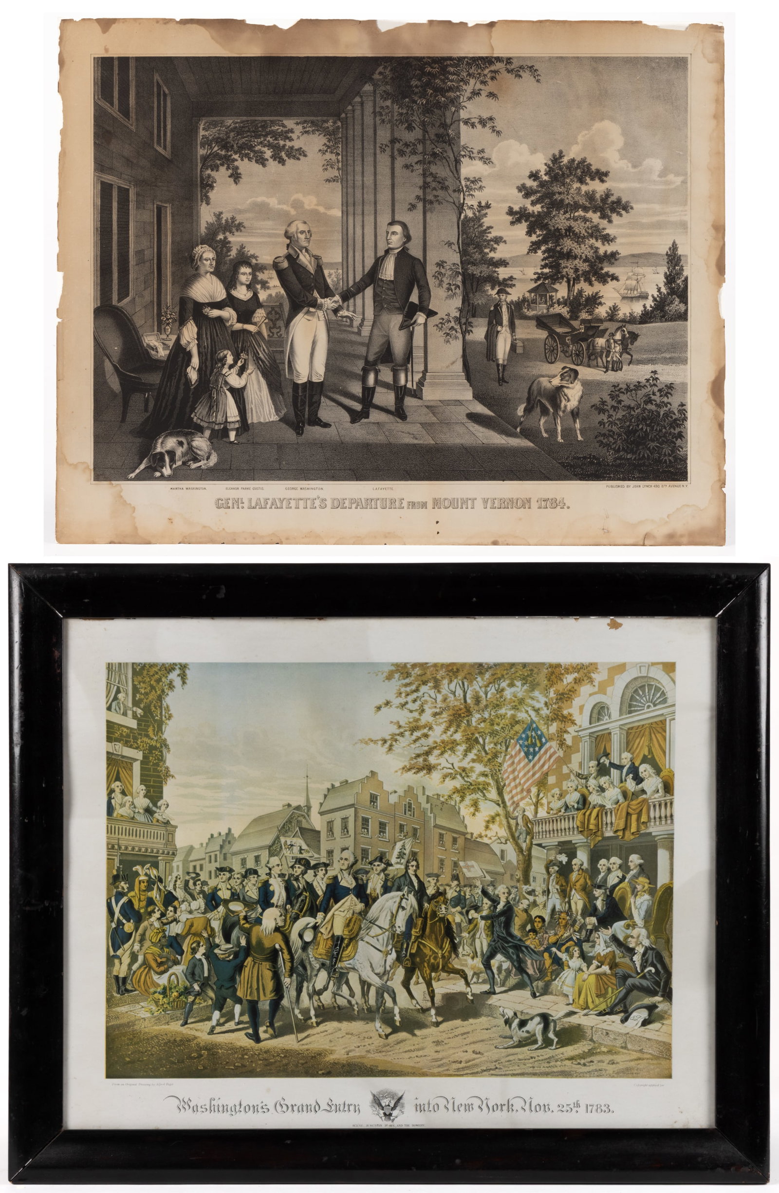 ASSORTED GEORGE WASHINGTON PRINTS, LOT OF TWO: ASSORTED GEORGE WASHINGTON PRINTS, LOT OF TWO, comprising (1) Genl. Layfayette's Departure From Mount Vernon 1784, published by John Lynch; and (2) Washington's Grand Entry into New 