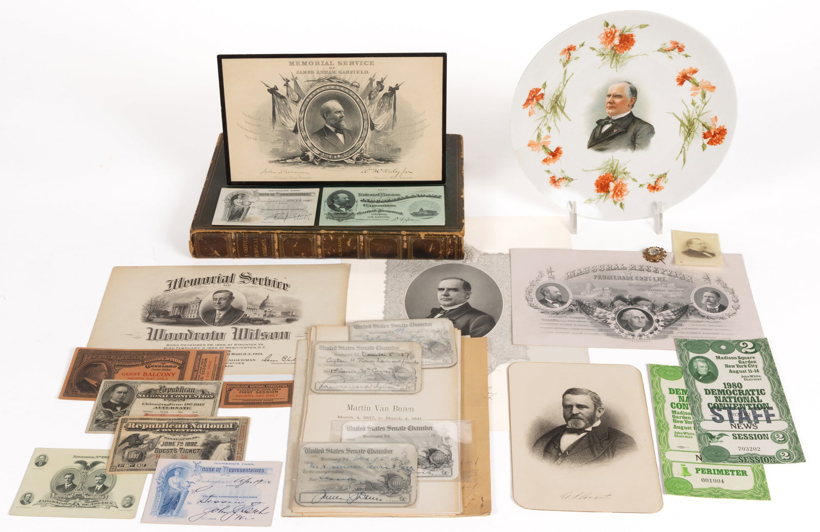 UNITED STATES POLITICAL EPHEMERA AND SOUVENIRS, UNCOUNTED LOT: UNITED STATES POLITICAL EPHEMERA AND SOUVENIRS, UNCOUNTED LOT, including 1881 Garfield/Arthur Inaugural Reception Promenade Concert invitation card, #7974, Homer Lee Bank Note Co.; Blaine, James A, Ga