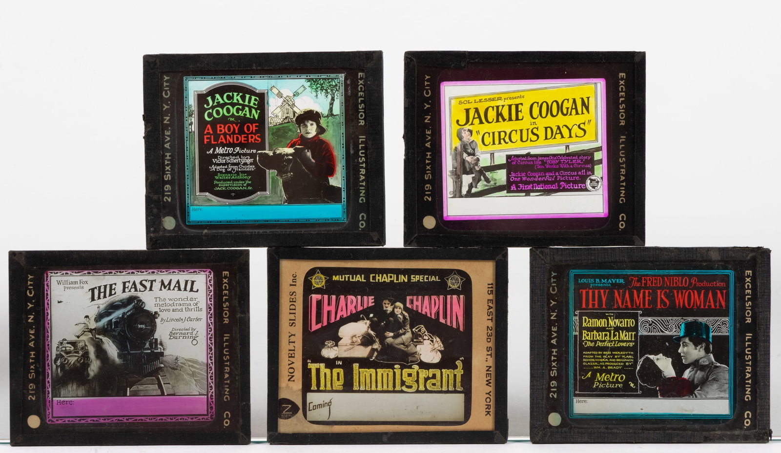 SILENT MOVIE ADVERTISING GLASS LANTERN SLIDES, LOT OF FIVE (1 of 1)
