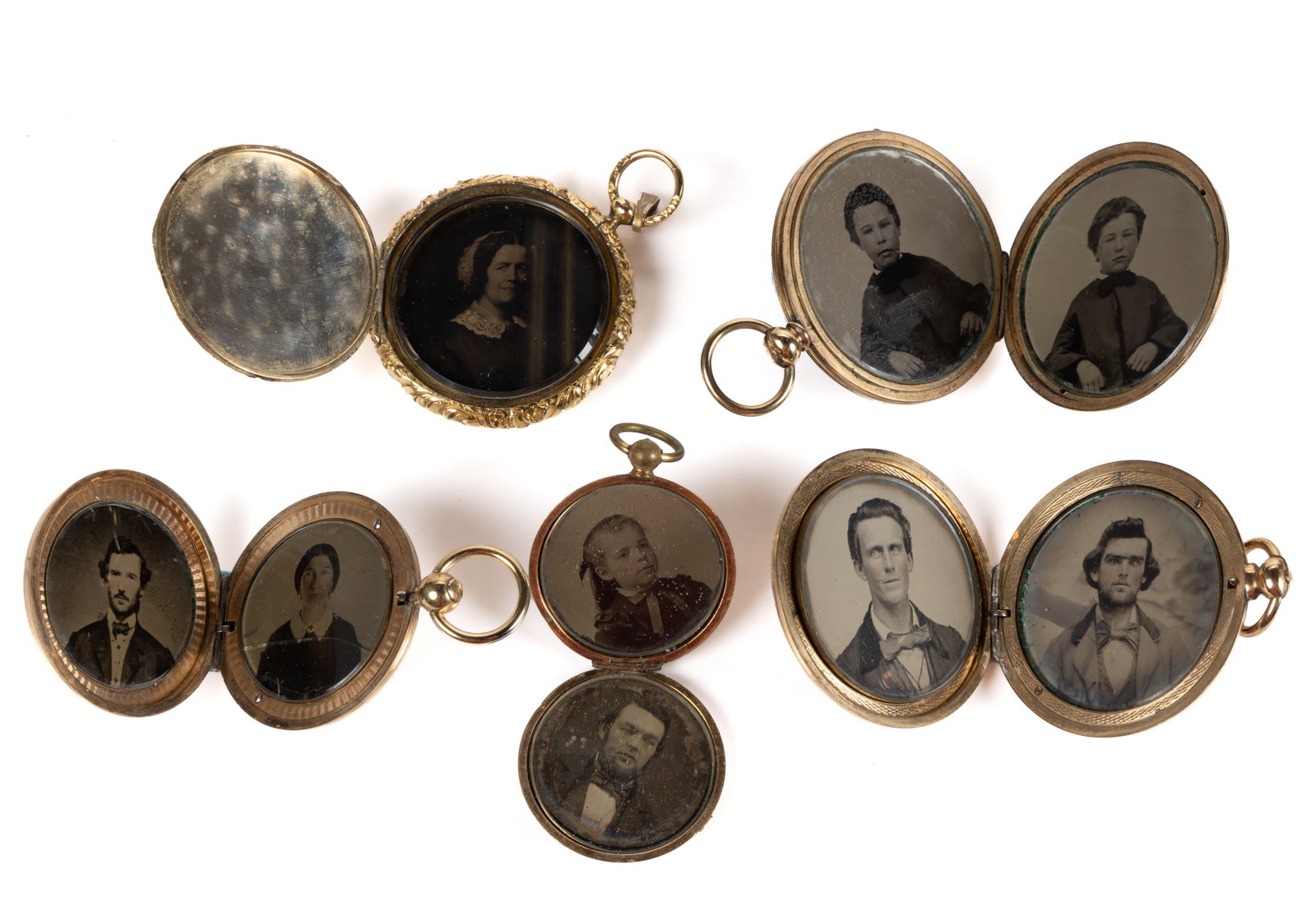 ANTIQUE PHOTOGRAPHS CASED IN GOLD-FILLED LOCKETS, LOT OF FIVE (1 of 4)