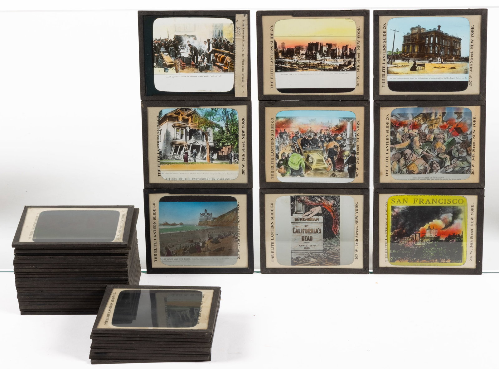 GLASS LANTERN SLIDES OF THE 1906 SAN FRANCISCO EARTHQUAKE AND FIRE, NEAR COMPLETE SET OF 42: GLASS LANTERN SLIDES OF THE 1906 SAN FRANCISCO EARTHQUAKE AND FIRE, NEAR COMPLETE SET OF 42, hand-tinted, titled "The Destruction of San Francisco," comprising slide numbers 1-29 and 33