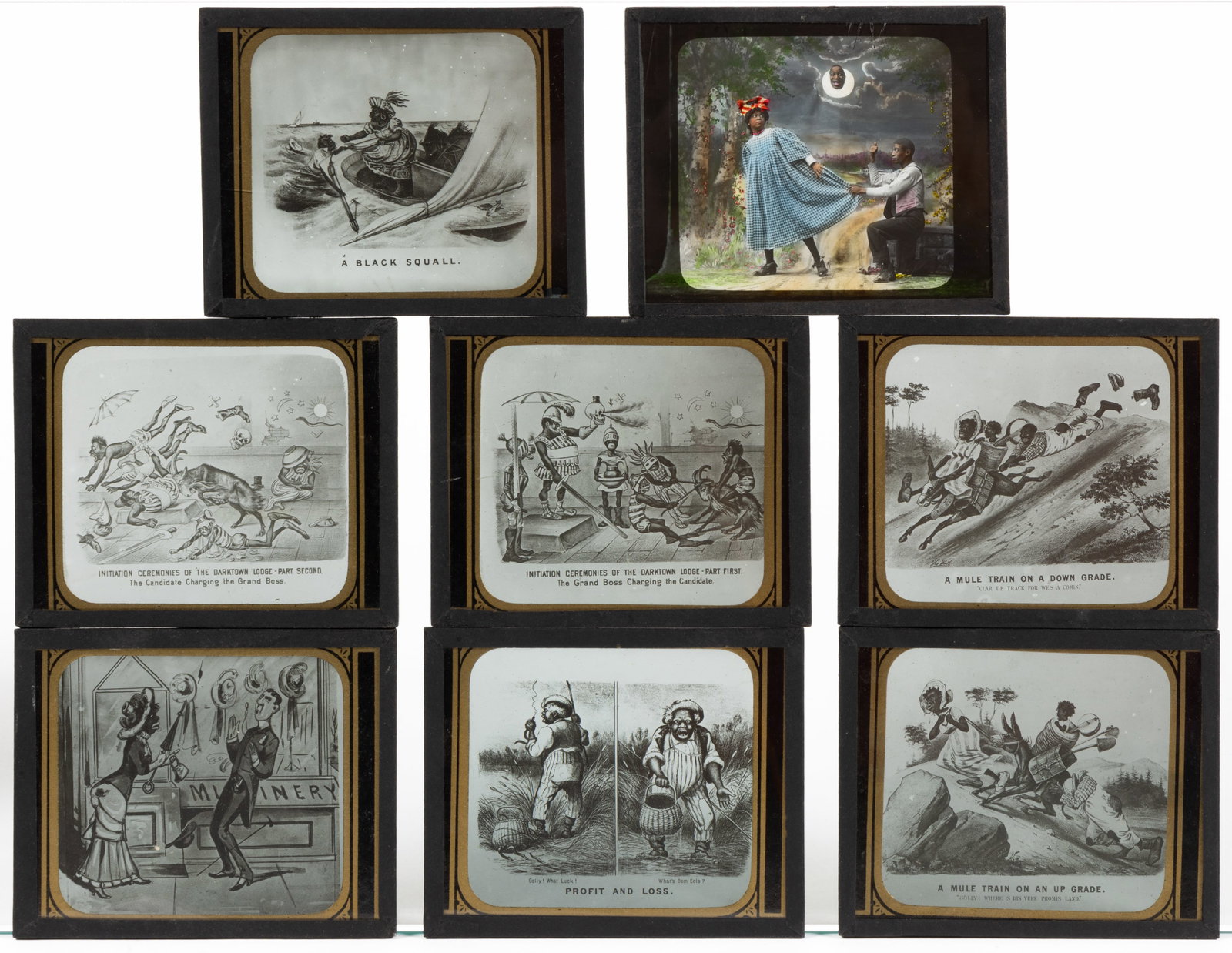 AFRICAN AMERICAN COMICAL GLASS LANTERN SLIDES, LOT OF EIGHT (1 of 2)