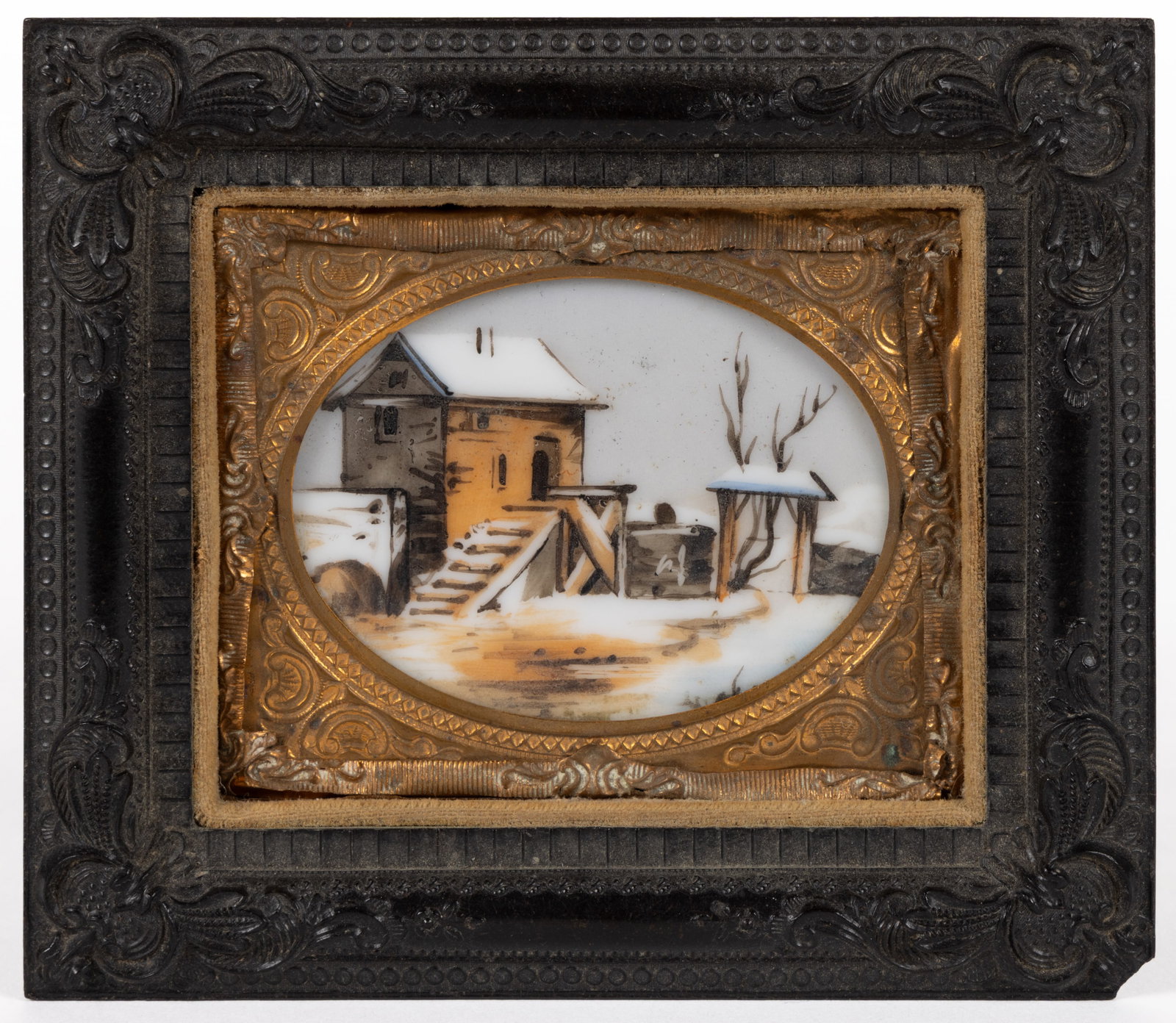 ANTIQUE THERMOPLASTIC NINTH-PLATE AMBROTYPE WALL FRAME: ANTIQUE THERMOPLASTIC NINTH-PLATE AMBROTYPE WALL FRAME, delicate scrolling border, retains both original hanging rings to the back, fitted with a decorated opal glass plaque featuring a hand-painted w