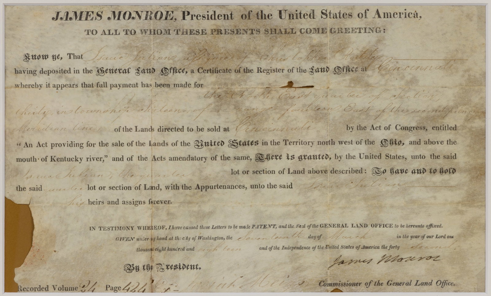 JAMES MONROE (1758-1831) SIGNED 1818 CINCINNATI, OHIO LAND GRANT DOCUMENT (1 of 4)