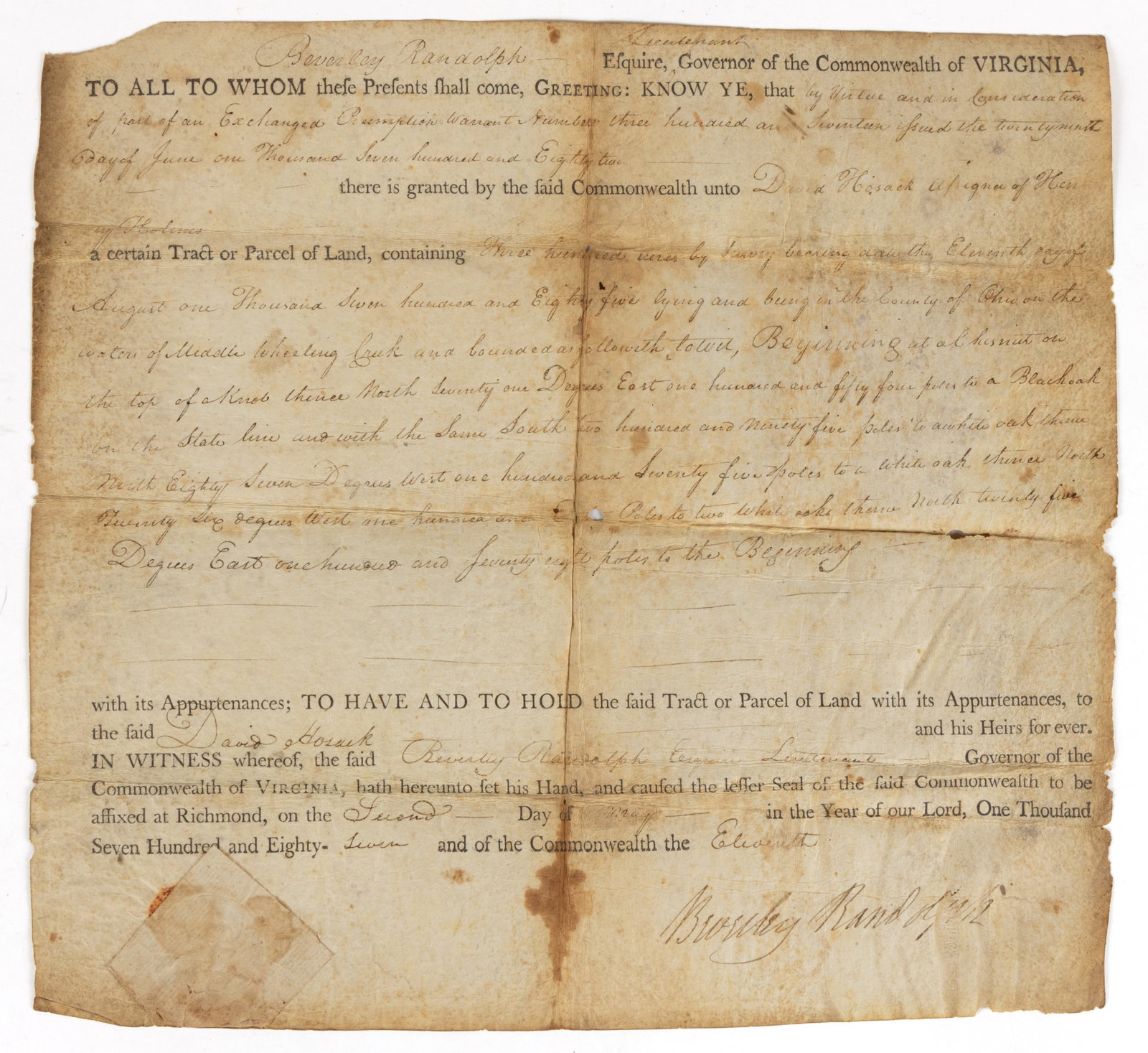 BEVERLEY RANDOLPH (1754-1797) SIGNED 1787 OHIO CO. (NOW WEST) VIRGINIA LAND GRANT DOCUMENT (1 of 2)