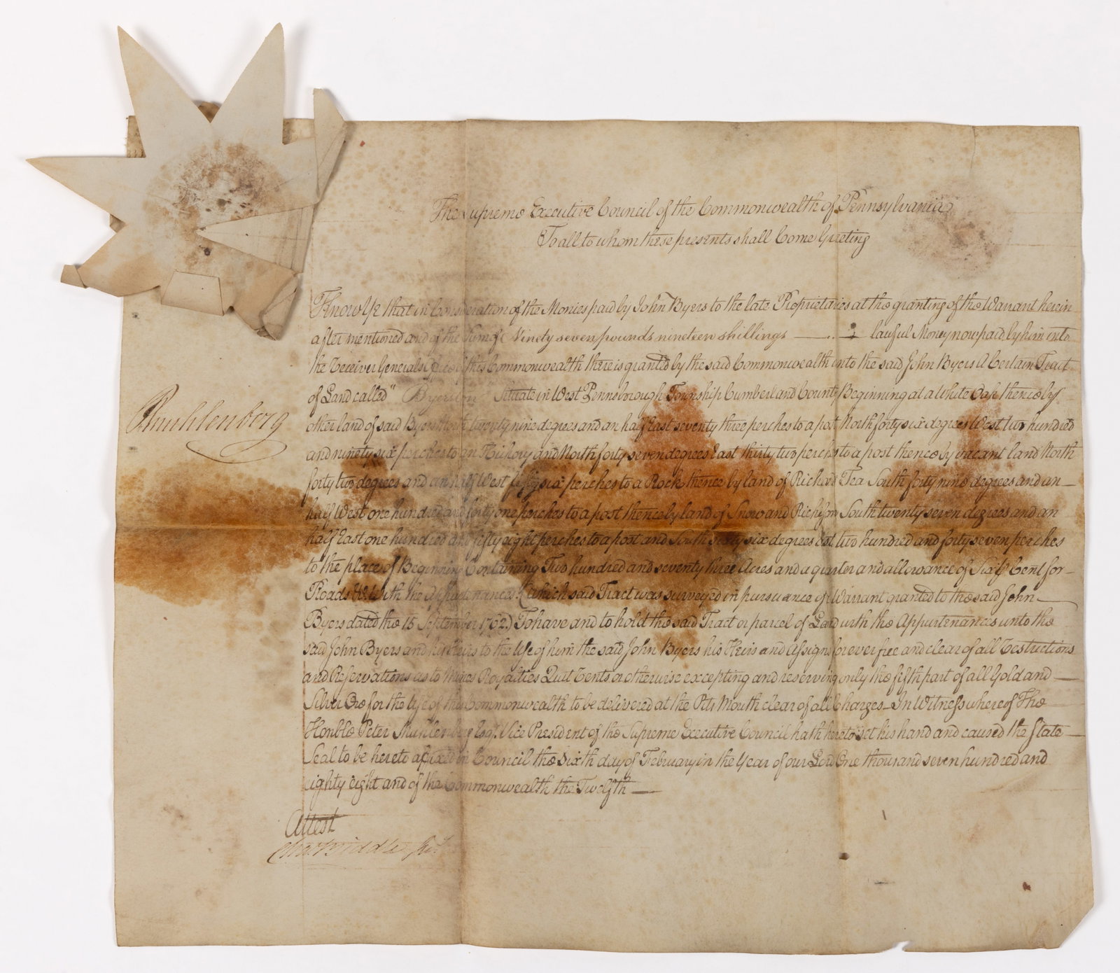 PETER MUHLENBERG (1746-1807) SIGNED 1788 PENNSYLVANIA LAND PATENT DOCUMENT (1 of 3)