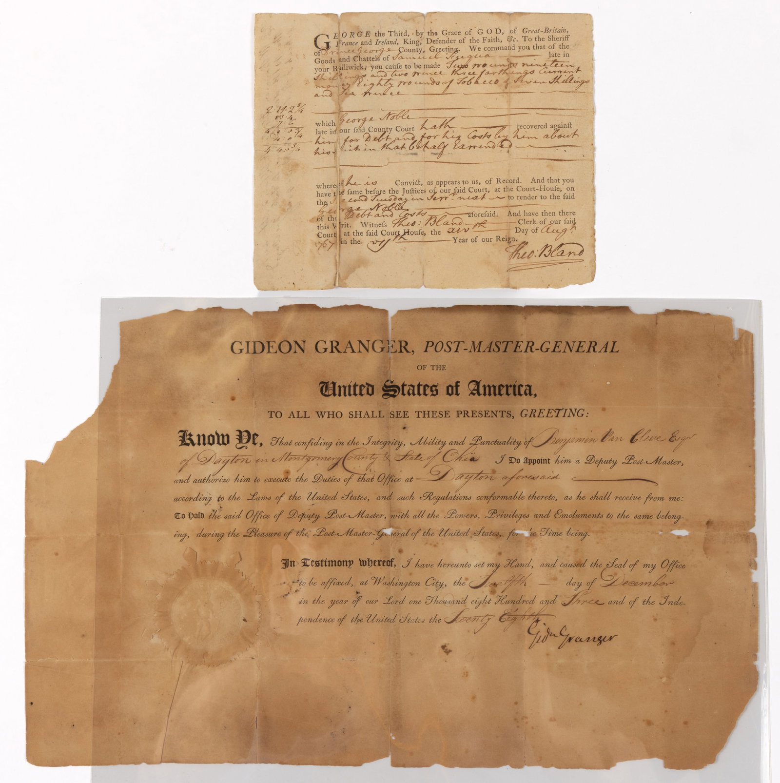 OHIO AND COLONIAL VIRGINIA SIGNED DOCUMENTS, LOT OF TWO: OHIO AND COLONIAL VIRGINIA SIGNED DOCUMENTS, LOT OF TWO, manuscript and print, comprising (1) a 1767 Prince George Co., VA court document signed twice by clerk Theodore Bland (1742-1790); and (2) an 1