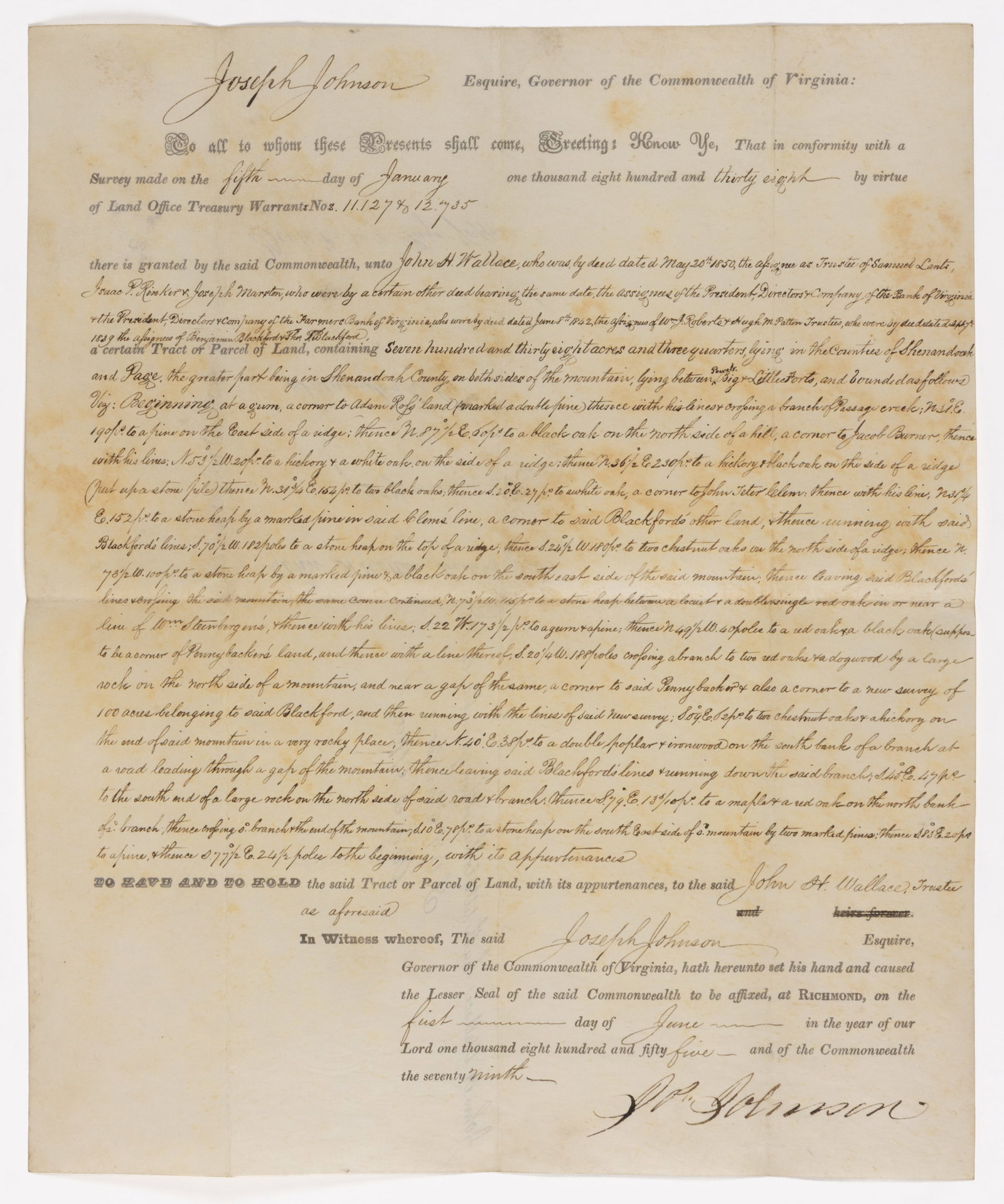 JOSEPH JOHNSON (1785-1877) SIGNED 1855 SHENANDOAH AND PAGE CO., VIRGINIA LAND GRANT DOCUMENT (1 of 3)