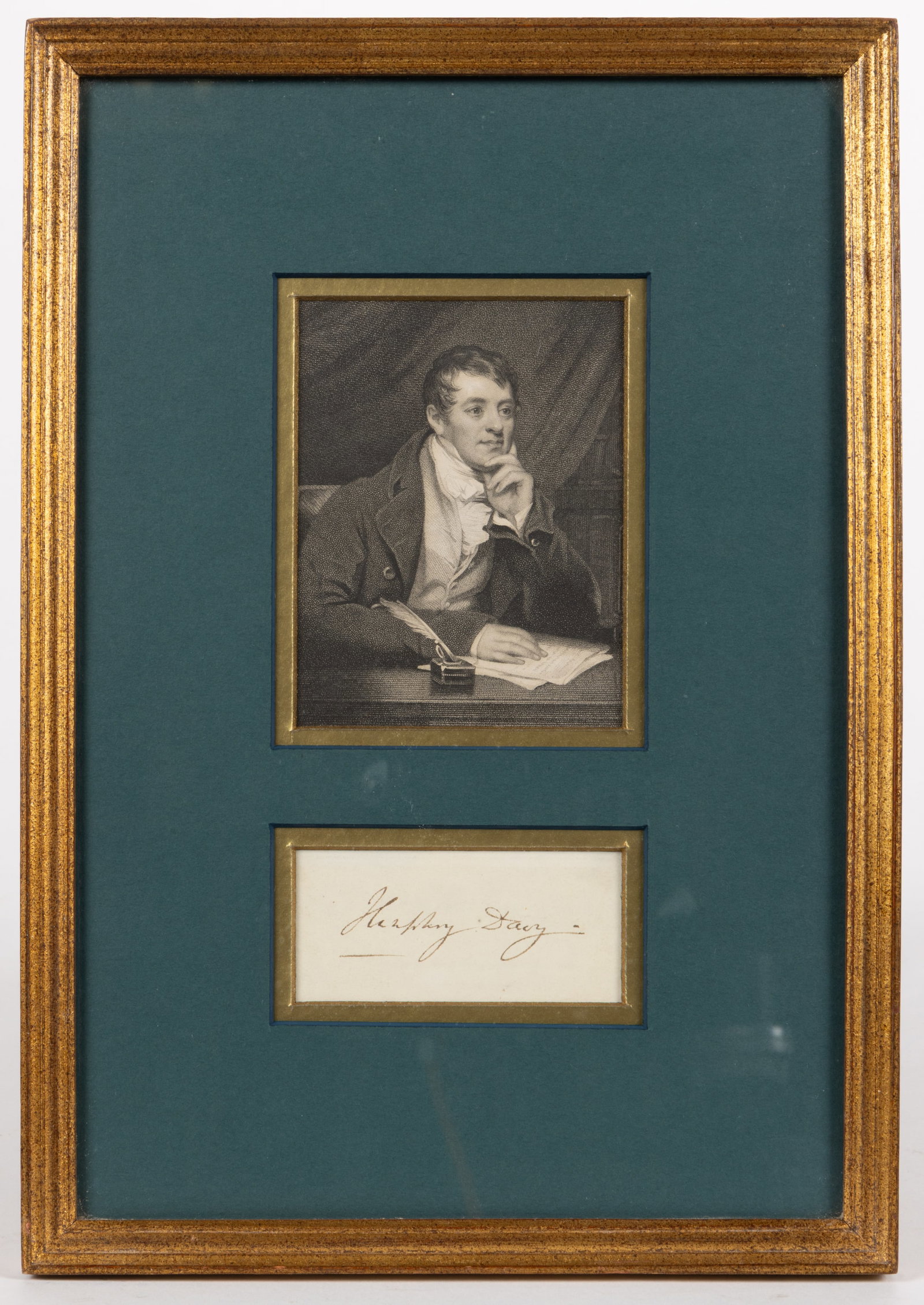 SIR HUMPHRY DAVY (BRITISH, 1778-1829) CHEMIST AUTOGRAPH: SIR HUMPHRY DAVY (BRITISH, 1778-1829) CHEMIST AUTOGRAPH, ink on paper, presented with an engraved portrait. Housed and matted under glass in a modern frame. Late 18th/first half 19th century. 12 