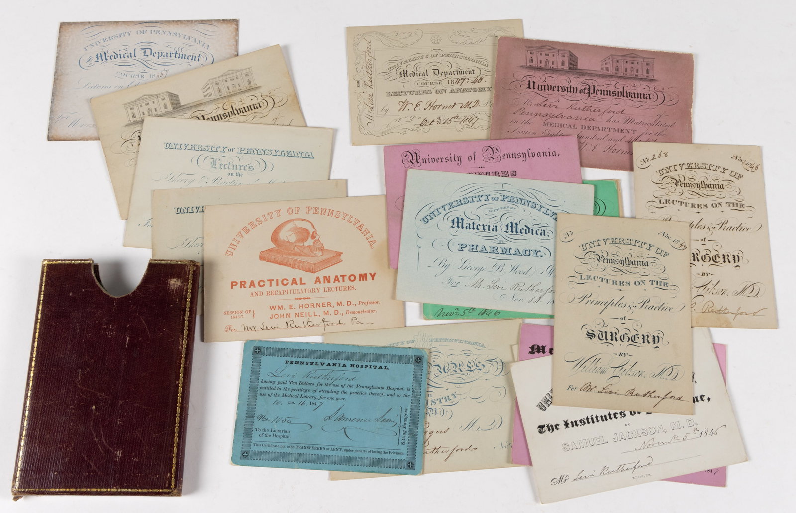 1846-1848 UNIVERSITY OF PENNSYLVANIA MEDICAL COLLEGE LECTURE TICKETS IN LEATHER CASE (1 of 2)