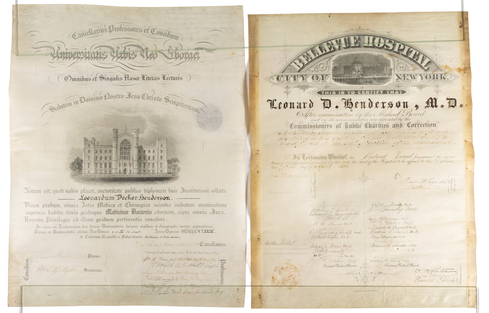 NEW YORK CITY HORSE-DRAWN AMBULANCE SURGEON CERTIFICATE AND DIPLOMA, LOT OF TWO: NEW YORK CITY HORSE-DRAWN AMBULANCE SURGEON CERTIFICATE AND DIPLOMA, LOT OF TWO, on vellum, each for Dr. Leondard D. Henderson, MD (1865-1914), comprising his 1889 medical degree from New York Un