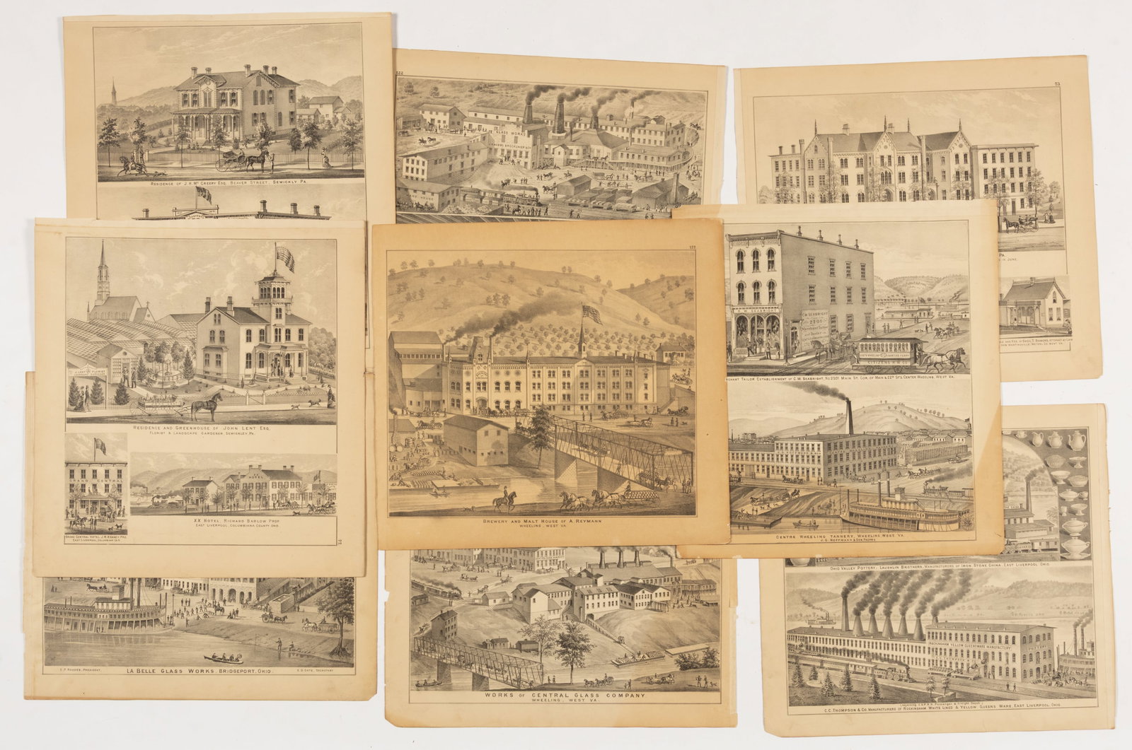 ANTIQUARIAN OHIO / WEST VIRGINIA GLASS WORKS, POTTERY, AND OTHER PRINTS / MAPS, LOT OF NINE (1 of 5)