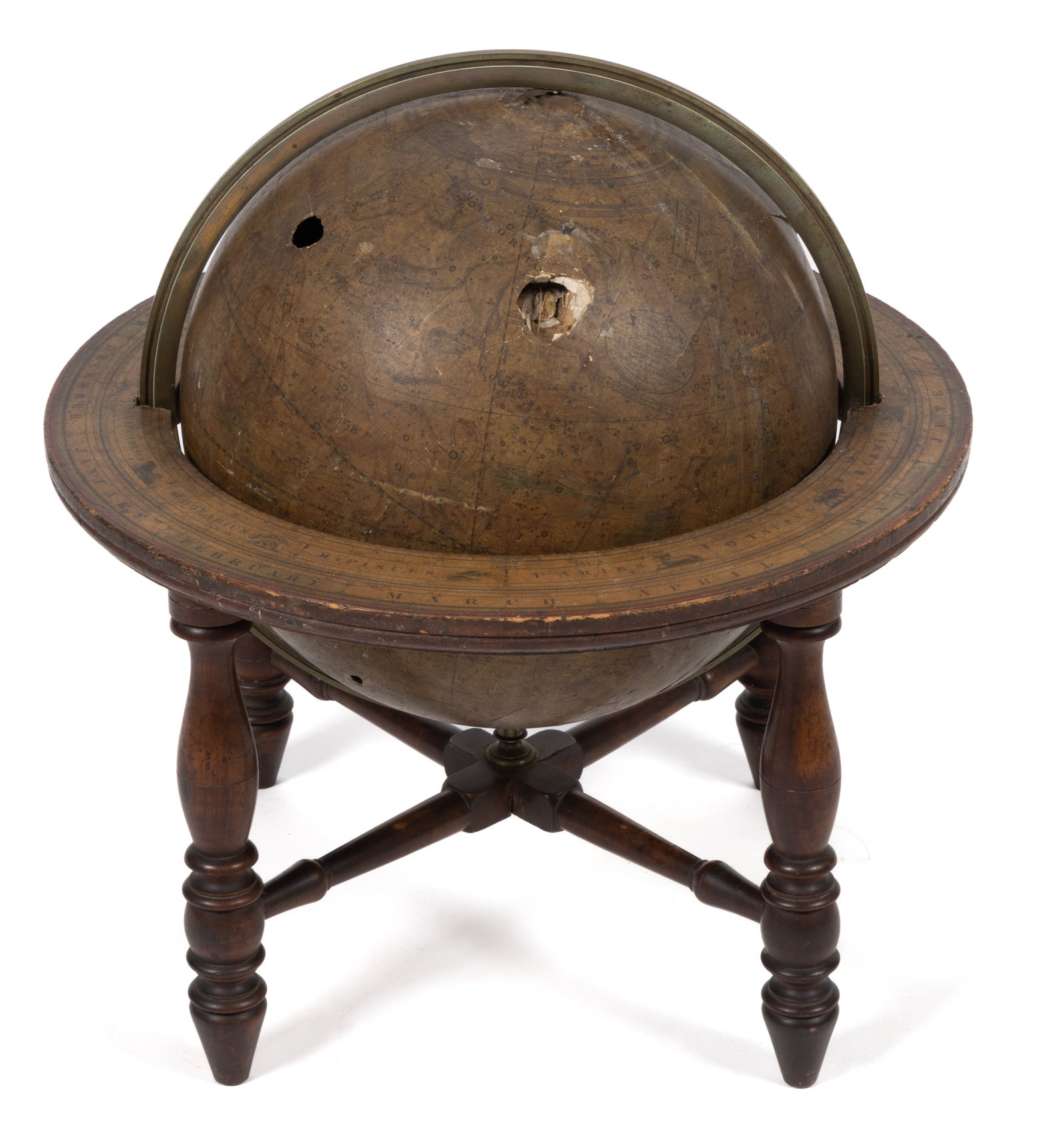 JOSIAH LORING, BOSTON MASSACHUSETTS CELESTIAL TABLE GLOBE: JOSIAH LORING, BOSTON MASSACHUSETTS CELESTIAL TABLE GLOBE, comprised of 12 engraved gores, surmounted by a brass hour pointer, and having a calibrated full brass meridian, oval car
