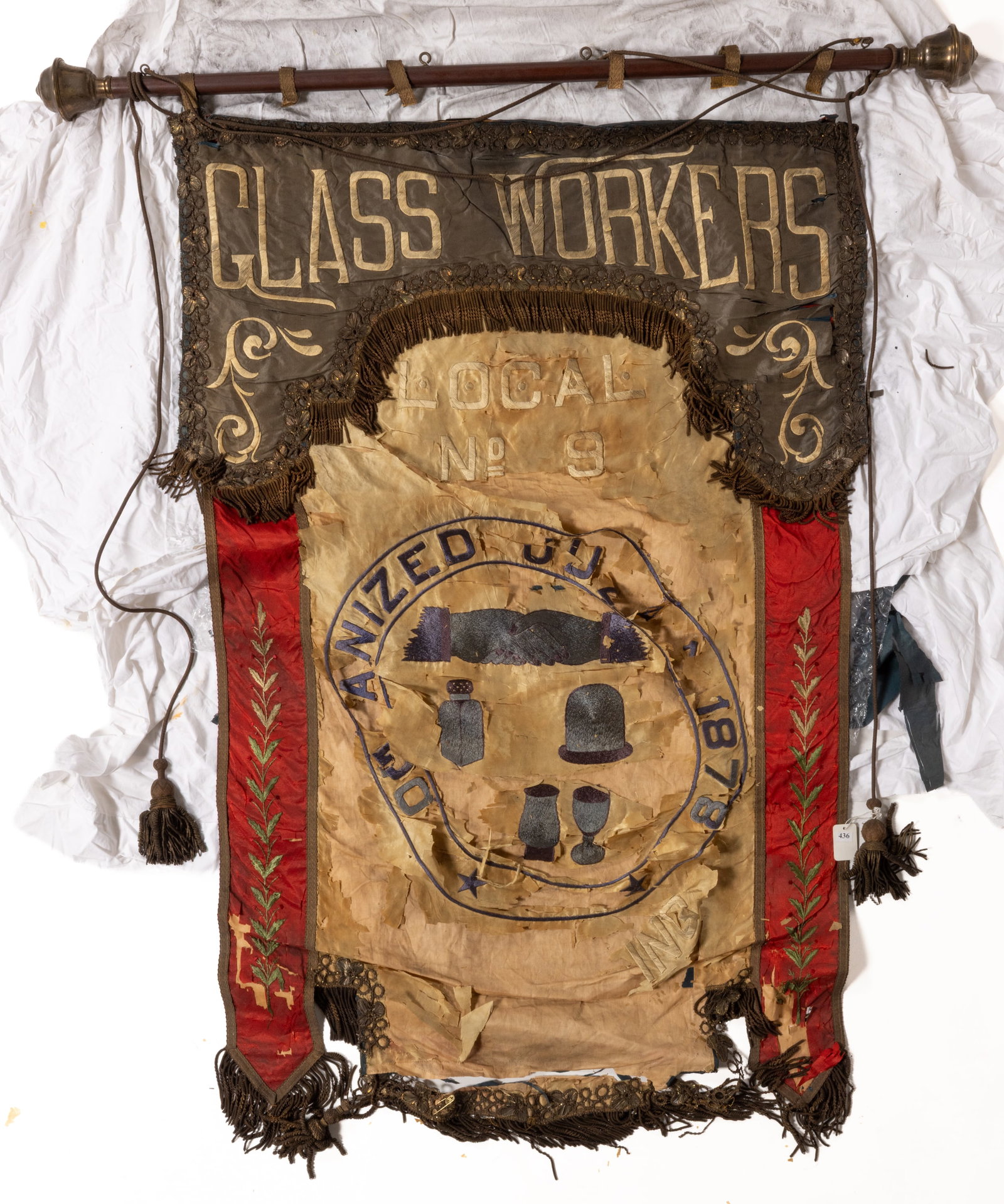 WHEELING, WEST VIRGINIA GLASS WORKERS LOCAL NO. 9 UNION EMBROIDERED BANNER (1 of 3)