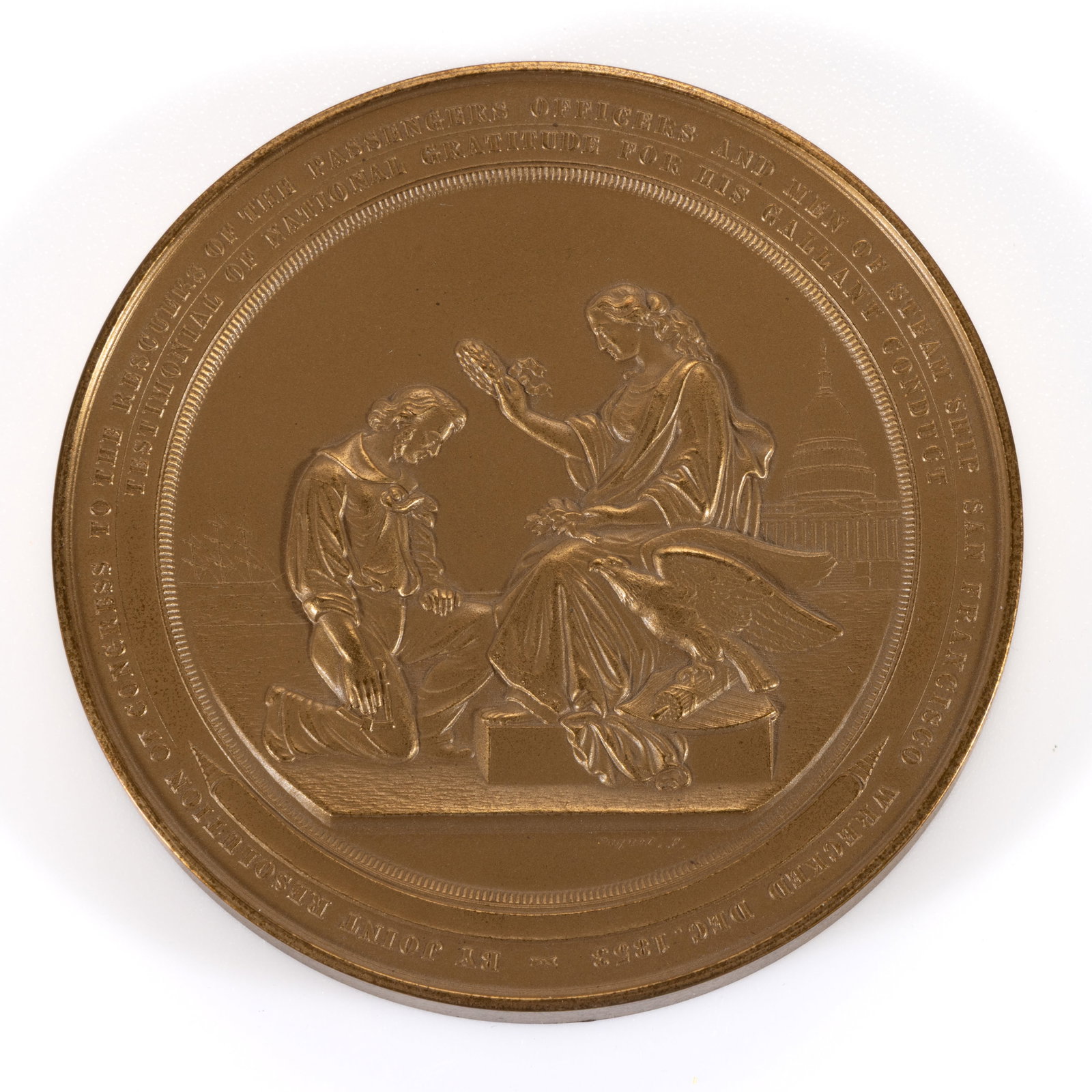 1866 S.S. SAN FRANCISCO MAIL STEAMER WRECK CONGRESSIONAL COMMEMORATIVE MEDAL: 1866 S.S. SAN FRANCISCO MAIL STEAMER WRECK CONGRESSIONAL COMMEMORATIVE MEDAL, bronze, the obverse depicting Liberty crowning a sailor with a laurel wreath and lettered "BY JOINT RESOLUTION OF CON