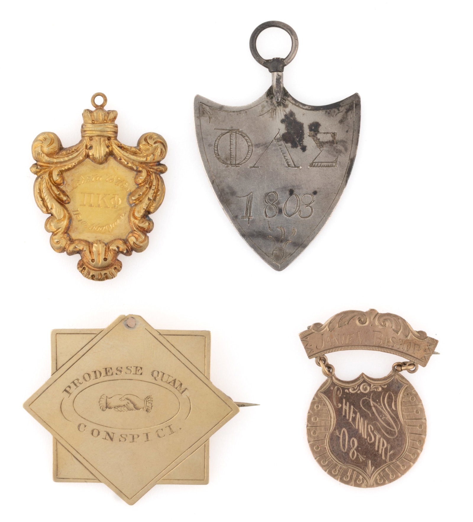ANTIQUE COLLEGE / SCHOOL PINS AND WATCH FOBS / PENDANTS, LOT OF FOUR (1 of 2)