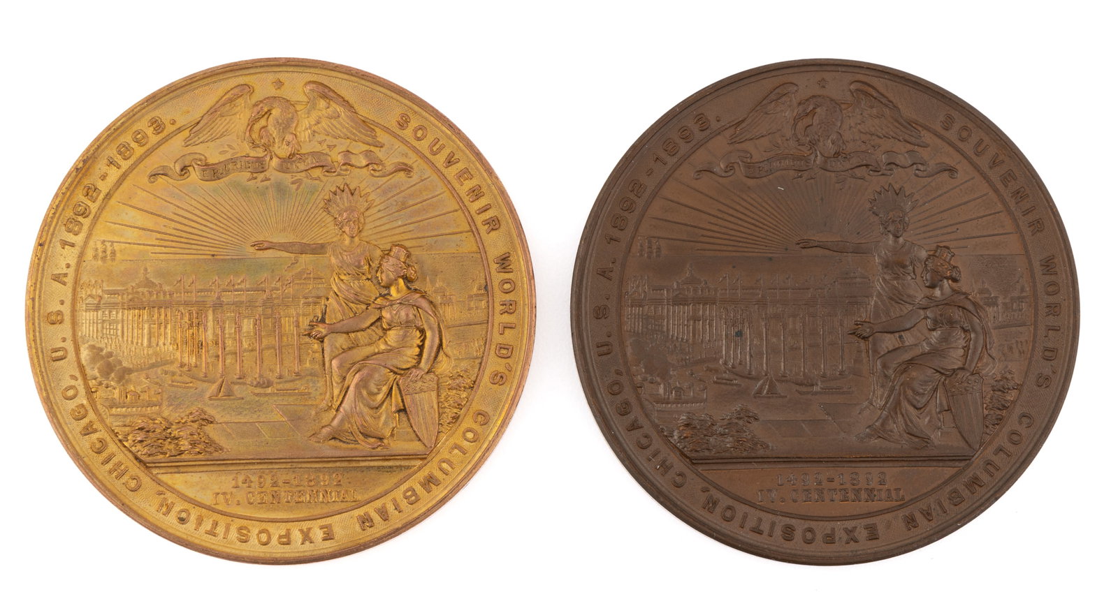 CHICAGO WORLD'S FAIR / COLUMBIAN EXPOSITION SOUVENIR MEDALS, LOT OF TWO: CHICAGO WORLD'S FAIR / COLUMBIAN EXPOSITION SOUVENIR MEDALS, LOT OF TWO, each of the same form, one with a gilt surface, the other with the likely original patina, round medallion with the ob