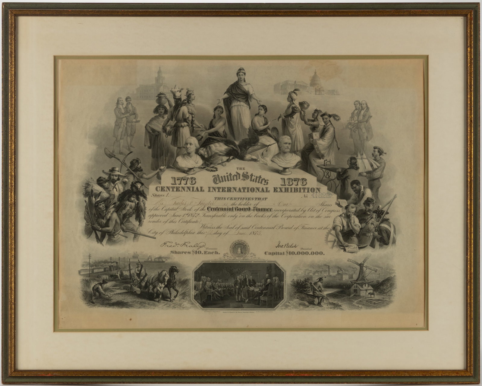 1876 PHILADELPHIA CENTENNIAL EXPOSITION STOCK CERTIFICATE (1 of 3)
