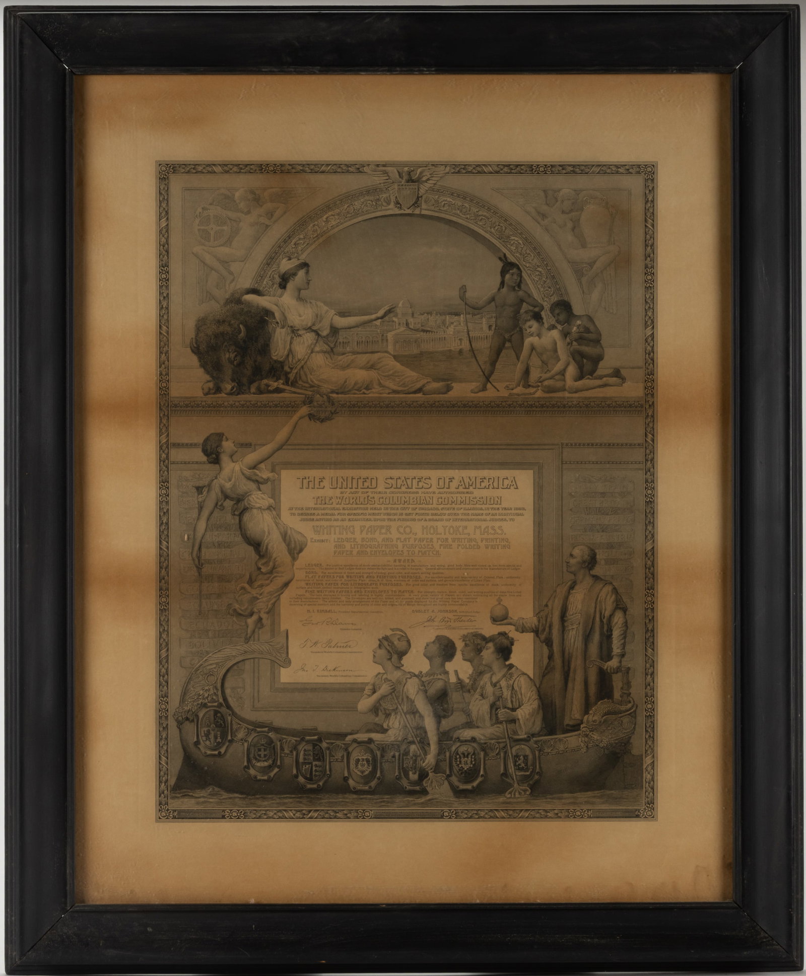 1892 CHICAGO WORLD'S COLUMBIAN EXPOSITION / WORLD'S FAIR PRINT: 1892 CHICAGO WORLD'S COLUMBIAN EXPOSITION / WORLD'S FAIR PRINT, steel engraving, certificate of award issued by the commission to the Whiting Paper Co., Holyoke, Massachusetts, engraved a