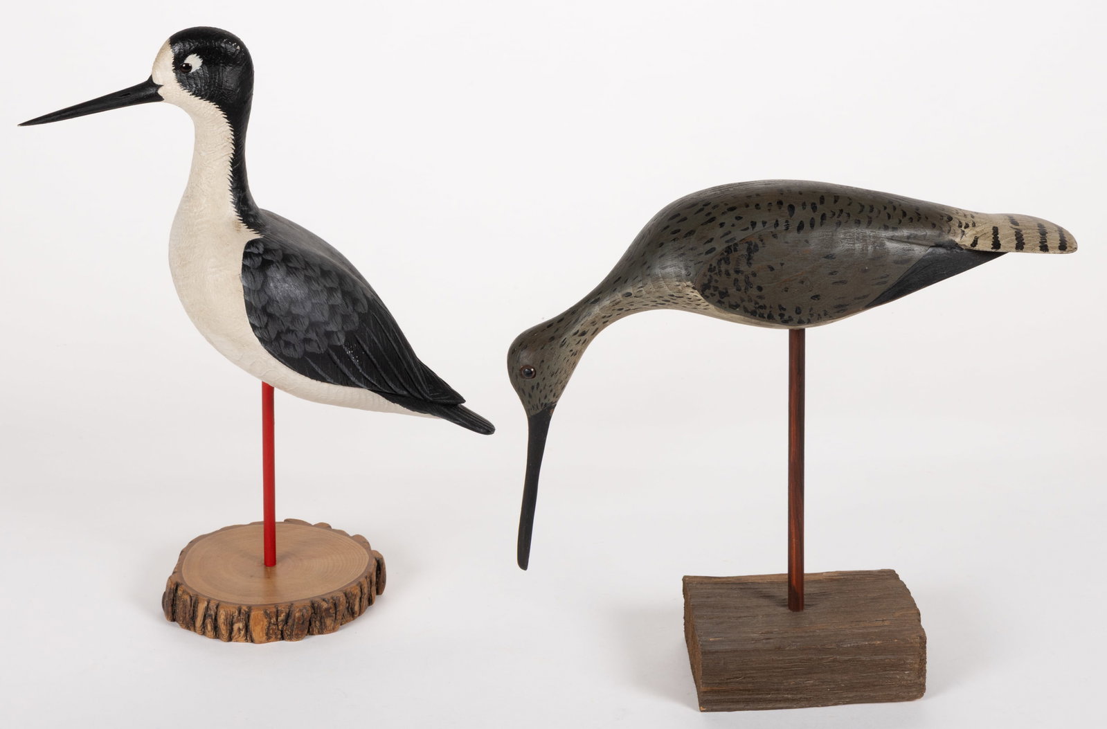 AMERICAN FOLK ART CARVED AND PAINTED SHOREBIRD DECOYS, LOT OF TWO: AMERICAN FOLK ART CARVED AND PAINTED SHOREBIRD DECOYS, LOT OF TWO, each hand-carved, polychrome-painted, and mounted to wooden pedestal bases, comprising a Black-necked Stilt signed "Joe Freitas&
