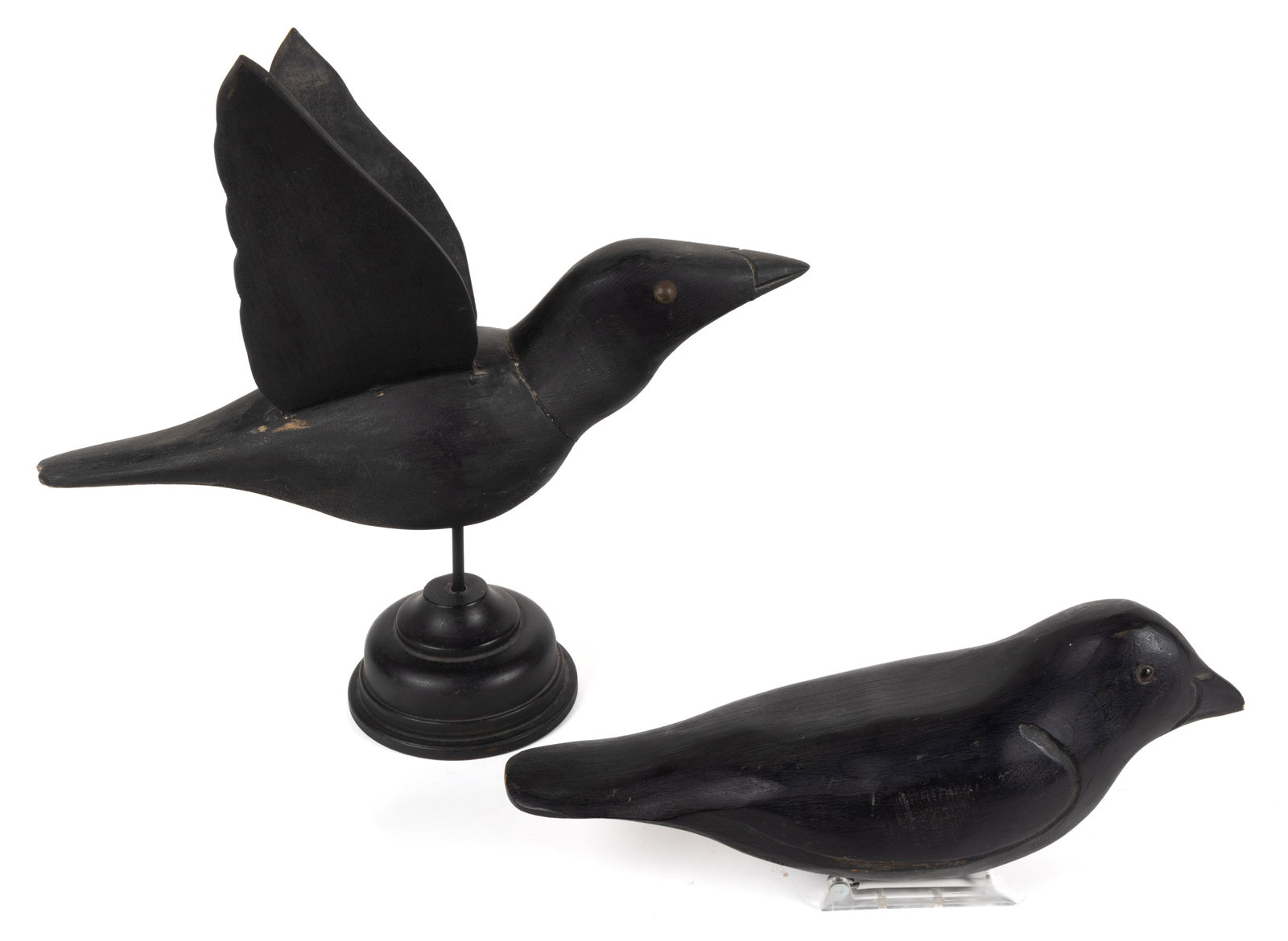 AMERICAN FOLK ART CARVED AND PAINTED CROW DECOYS, LOT OF TWO: AMERICAN FOLK ART CARVED AND PAINTED CROW DECOYS, LOT OF TWO, each retains original painted surface, one crow with metal eyes and outstretched wings is presented on a stand with a metal