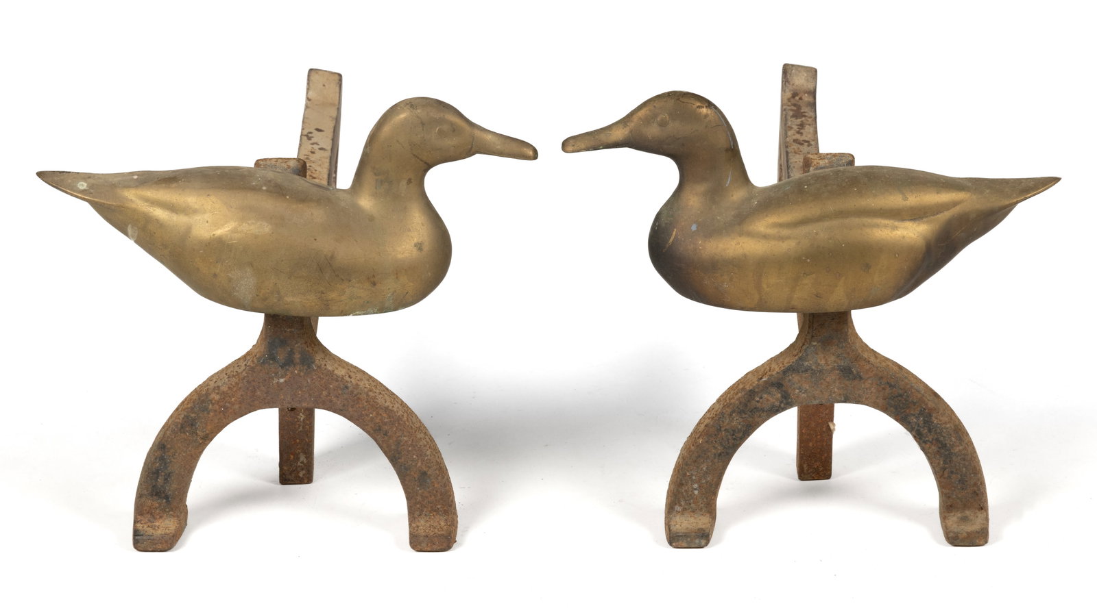 AMERICAN BRASS AND IRON DUCK / DECOY PAIR OF ANDIRONS (1 of 2)