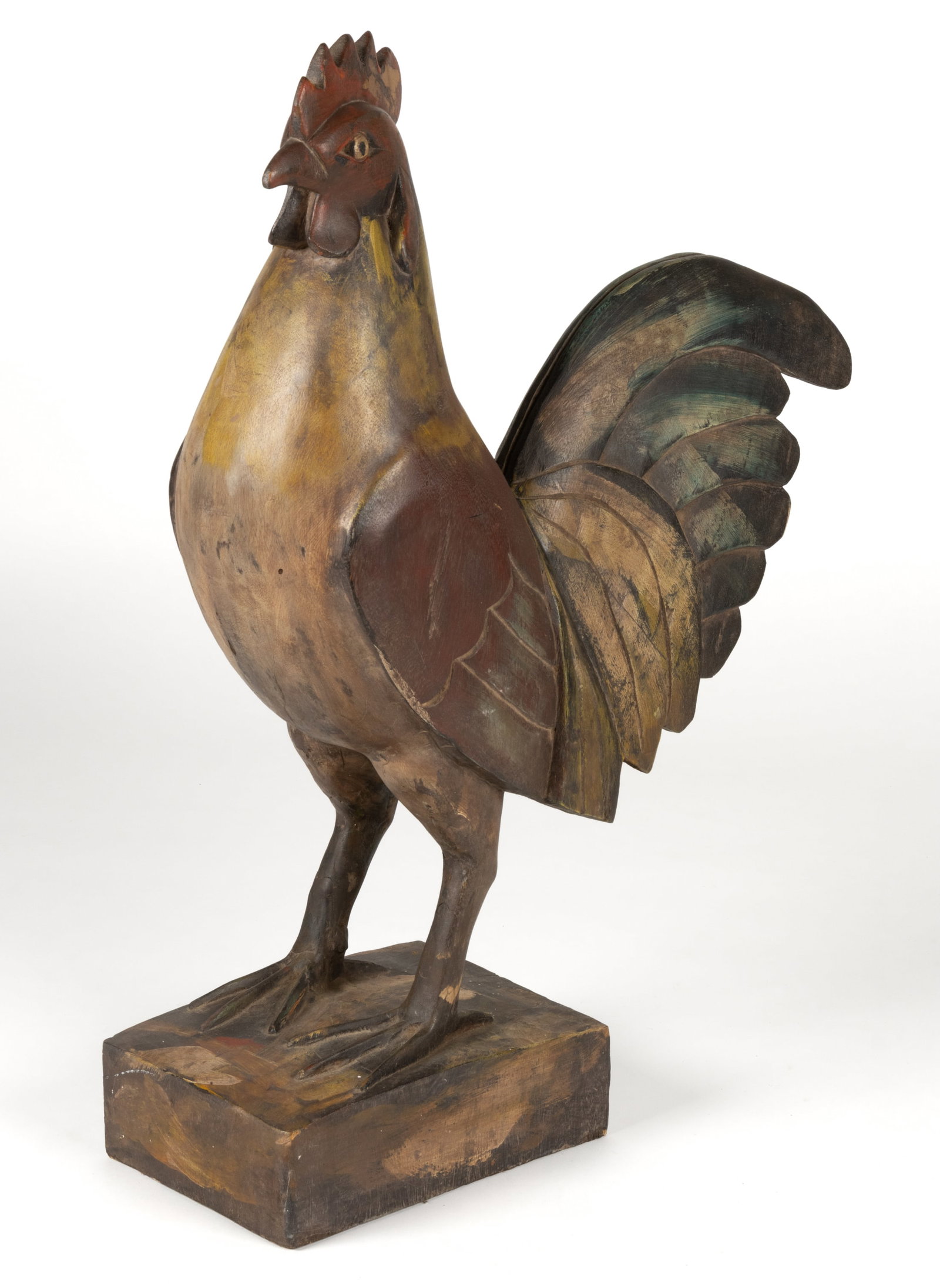 ARTHUR E. GLAZIER (PENNSYLVANIA, 1928-2015), ATTRIBUTED / SCHOOL OF, LARGE FOLK ART CARVED AND: ARTHUR E. GLAZIER (PENNSYLVANIA, 1928-2015), ATTRIBUTED / SCHOOL OF, LARGE FOLK ART CARVED AND PAINTED FIGURE OF A ROOSTER, of the solid, depicting a large rooster with his head slightly turned, the w