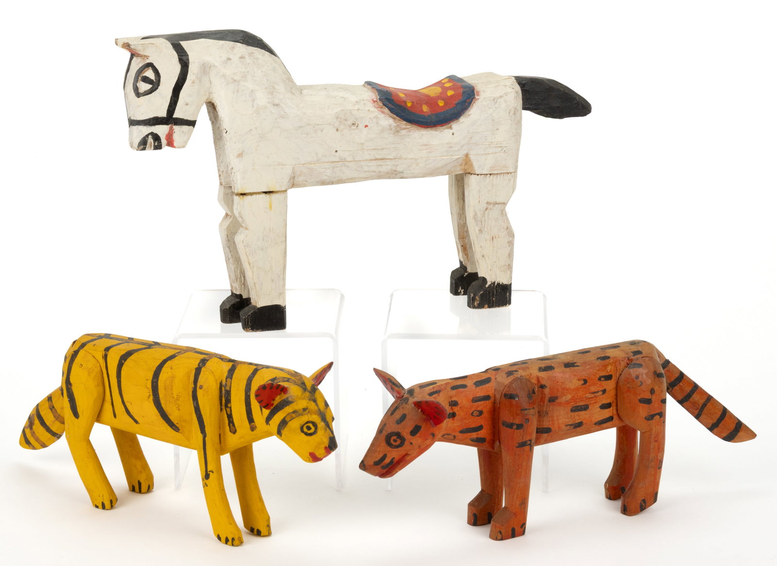 FOLK ART CARVED AND PAINTED ANIMAL FIGURES, LOT OF THREE (1 of 2)