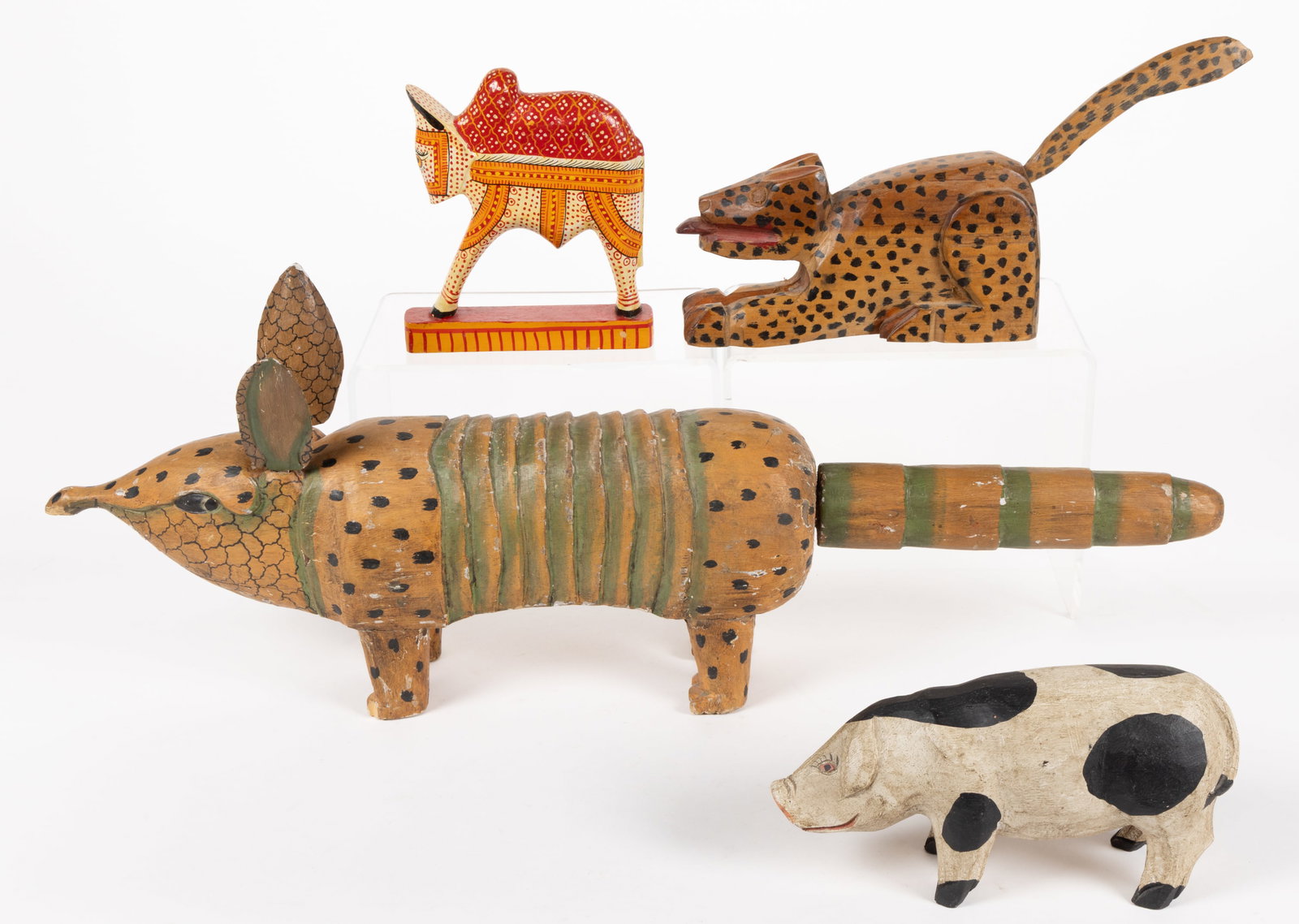 FOLK ART CARVED AND PAINTED ANIMAL FIGURES, LOT OF FOUR (1 of 2)