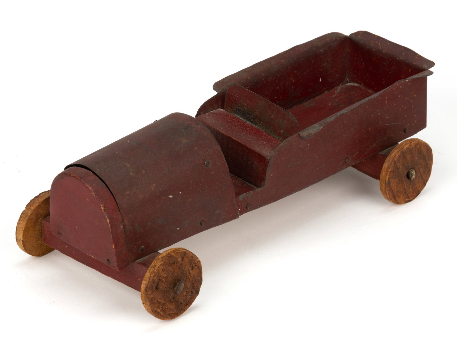AMERICAN FOLK ART PAINTED SHEET-IRON AND PINE TOY CAR (1 of 2)