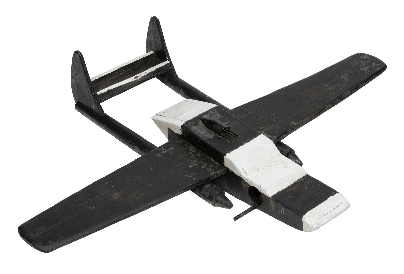 AMERICAN FOLK ART CARVED AND PAINTED WOODEN AIRPLANE BIRDHOUSE: AMERICAN FOLK ART CARVED AND PAINTED WOODEN AIRPLANE BIRDHOUSE, nailed construction, depicting some form of Japanese fighter plane very similar to a Mitsubishi J4M1 with guns on the top, the side of t
