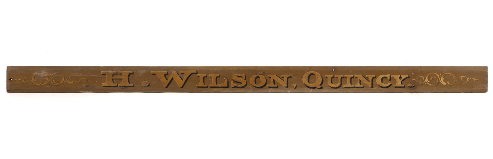 AMERICAN FOLK ART PAINTED PINE SHIP'S STERN BOARD: AMERICAN FOLK ART PAINTED PINE SHIP'S STERN BOARD, single-sided rectangular form with beveled edge profile, marked "H. WILSON, QUINCY" in bold gilt lettering accented by black drop shado
