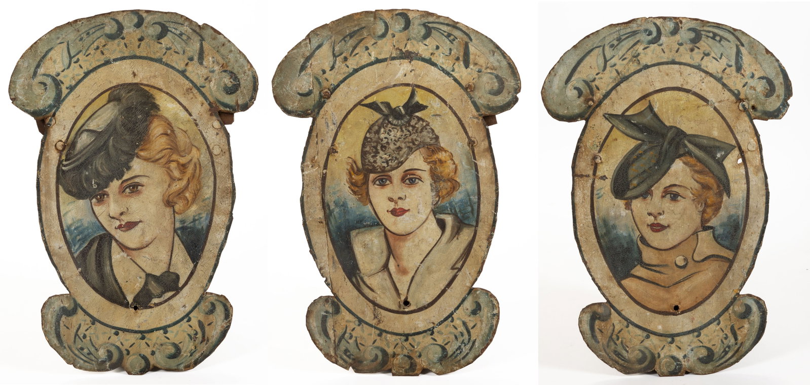 SET OF THREE FOLK ART PAINTED SHEET-IRON MILLINER TRADE SIGNS: SET OF THREE FOLK ART PAINTED SHEET-IRON MILLINER TRADE SIGNS, each single-sided form featuring an attractive young woman wearing a stylish hat, retaining likely original painted surface. Possibly Fre