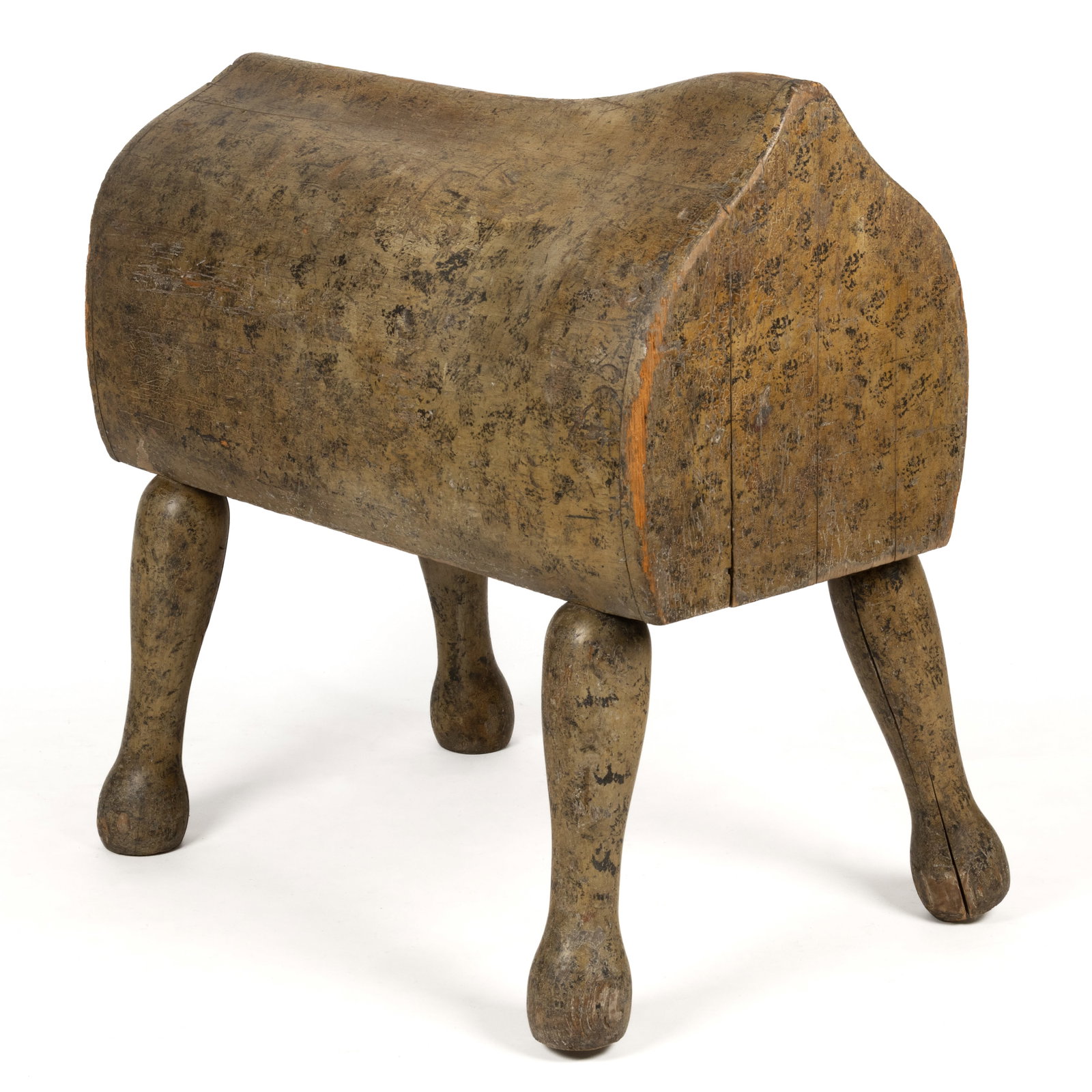 AMERICAN FOLK ART PAINTED PINE AND POPLAR SADDLE HORSE: AMERICAN FOLK ART PAINTED PINE AND POPLAR SADDLE HORSE, hollow-body form with turned legs and likely original painted surface. Late 19th/early 20th century. 34" HOA, 23" WOA, 33 1/