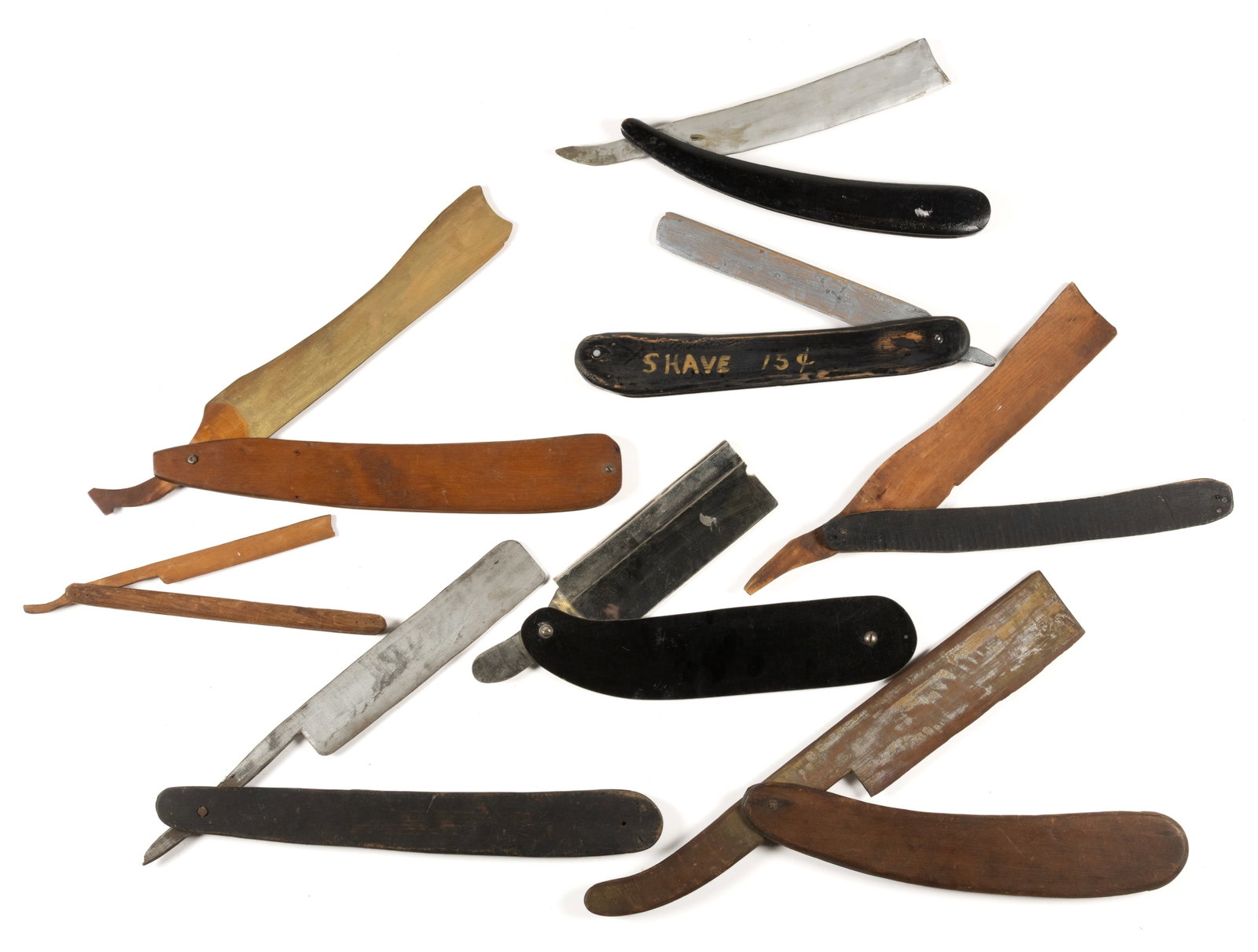 VINTAGE FOLK ART PAINTED WOODEN STRAIGHT RAZOR / BARBERSHOP TRADE SIGNS, LOT OF EIGHT (1 of 2)