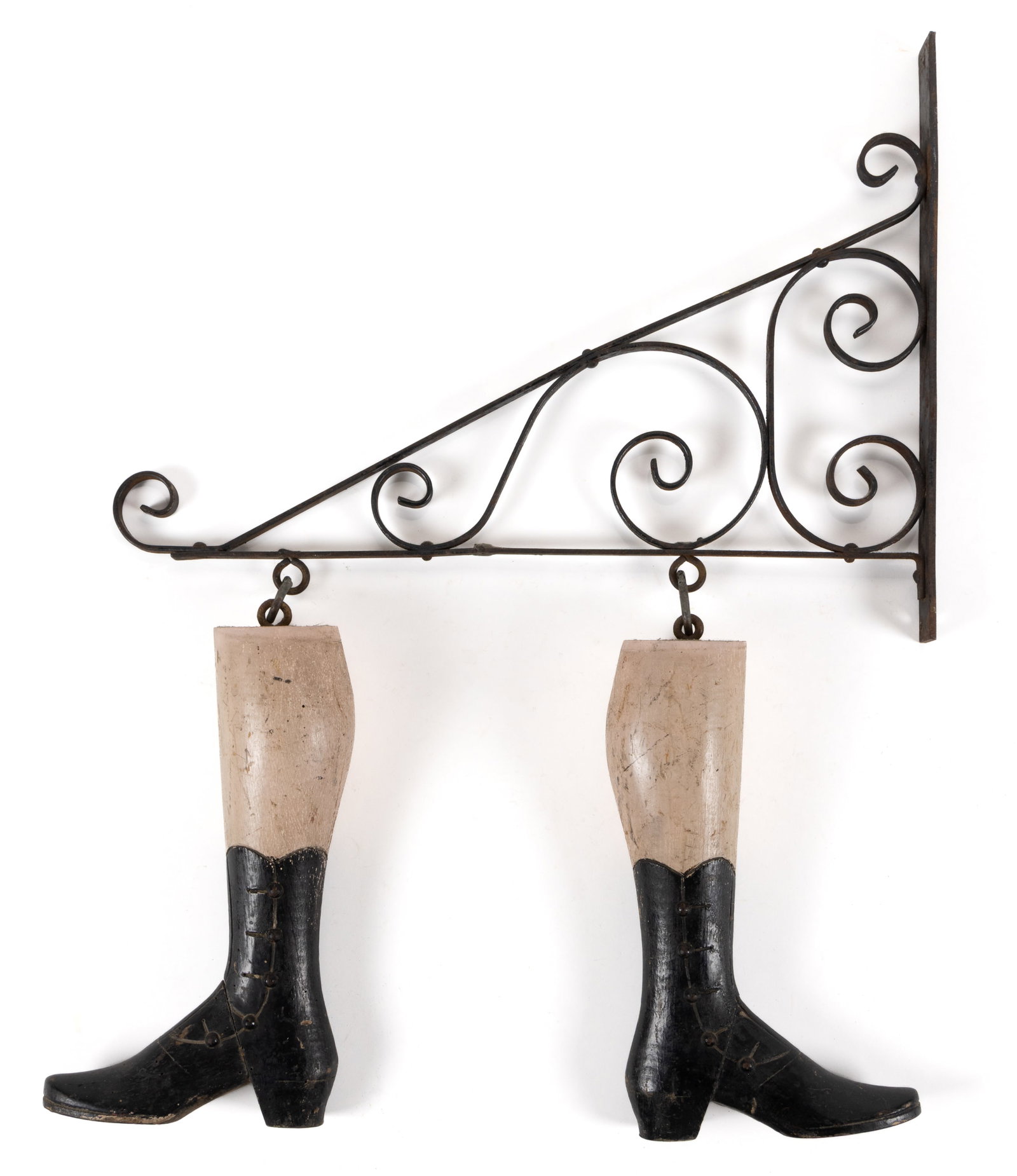AMERICAN FOLK ART PAINTED WOODEN SHOEMAKER / COBBLER SIGN, LOT OF THREE: AMERICAN FOLK ART PAINTED WOODEN SHOEMAKER / COBBLER SIGN, comprising a pair of wooden Victorian ladies' legs with black button-up heeled boots, each with an eye hook attached at the top; wrought 