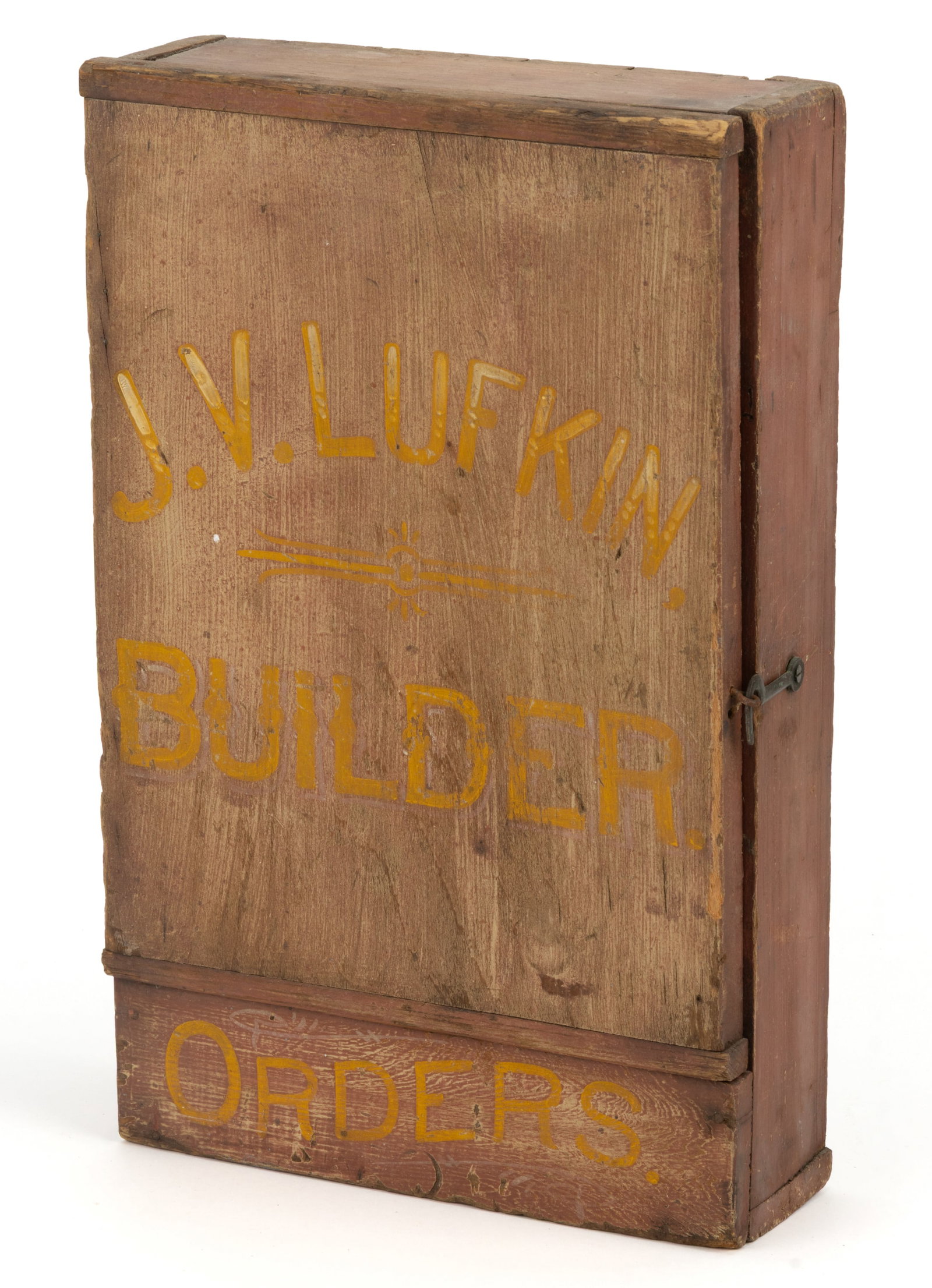 AMERICAN FOLK ART PAINTED POPLAR BUILDER'S ORDER BOX: AMERICAN FOLK ART PAINTED POPLAR BUILDER'S ORDER BOX, unusual diminutive form of nailed construction with single hinged plank door and open interior, retaining likely original salmon-painted surfa
