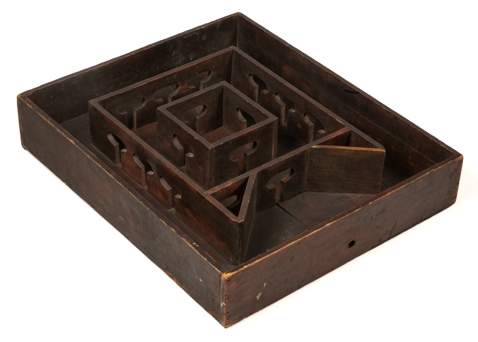 VINTAGE PAINTED WOODEN MAZE GAME: VINTAGE PAINTED WOODEN MAZE GAME, large square box with two smaller interior boxes with mushroom-shaped cut-outs, painted a brownish red. 20th century. 24 1/2" W x 29 1/2" L x 5&qu
