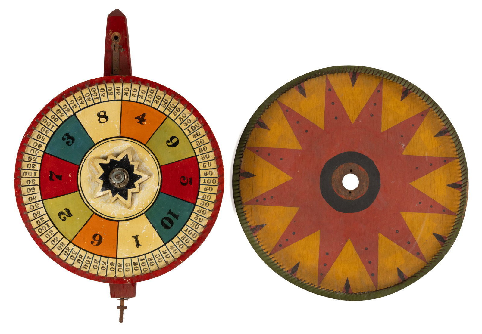 AMERICAN FOLK ART PAINTED WOODEN GAMING WHEEL: AMERICAN FOLK ART PAINTED WOODEN GAMING WHEEL, wall-mounted form retaining likely original polychrome surface. Together with a hand-painted example in vibrant color. Two pieces total. First half 
