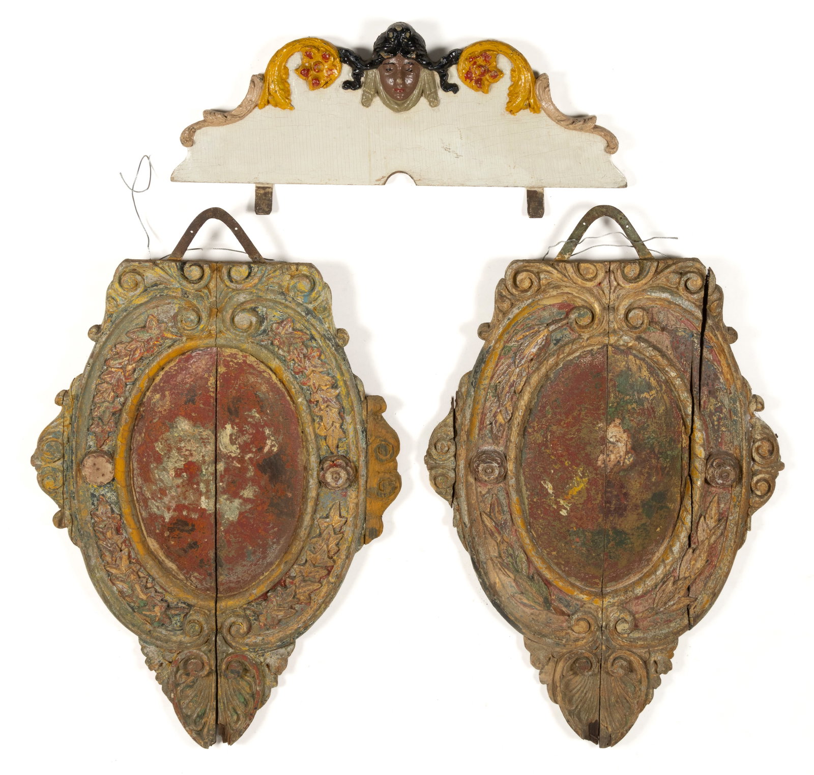 AMERICAN FOLK ART CARVED AND PAINTED WOODEN CAROUSEL ARCHITECTURAL ELEMENTS, LOT OF THREE (1 of 2)