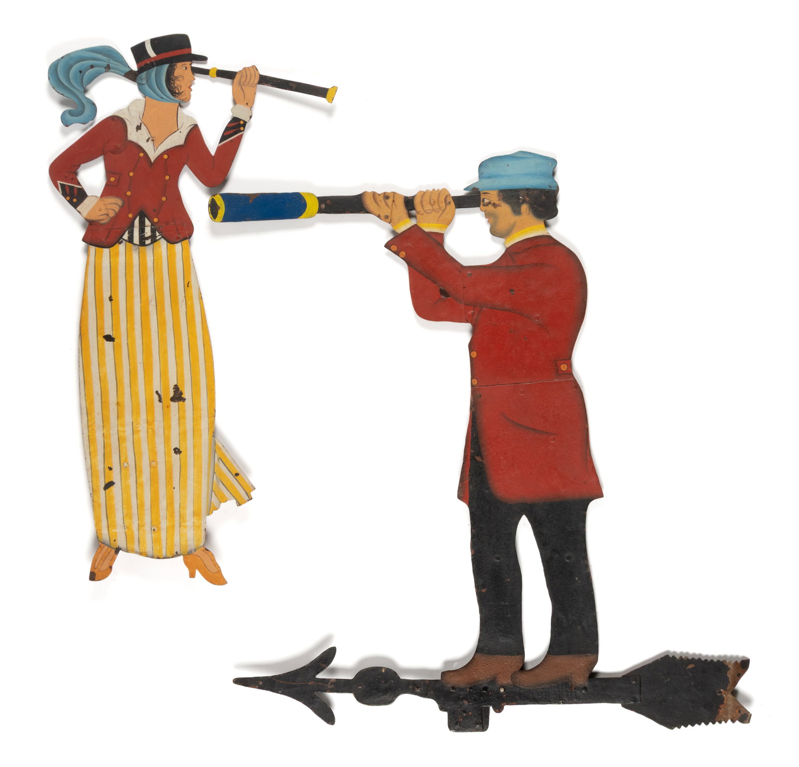 FOLK ART PAINT-DECORATED SHEET IRON WEATHER VANES, PAIR (1 of 2)