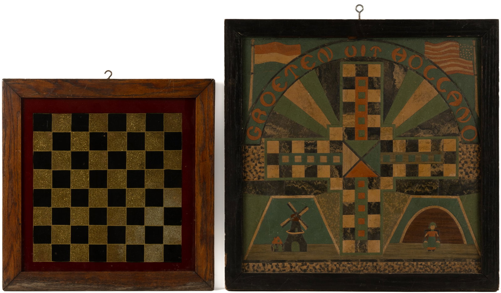 AMERICAN FOLK ART REVERSE-PAINTED GAMEBOARD: AMERICAN FOLK ART REVERSE-PAINTED GAMEBOARD, the single-sided checkerboard form featuring black-and-gold squares within a red border and housed in a period oak frame. Together with a polychrome linole