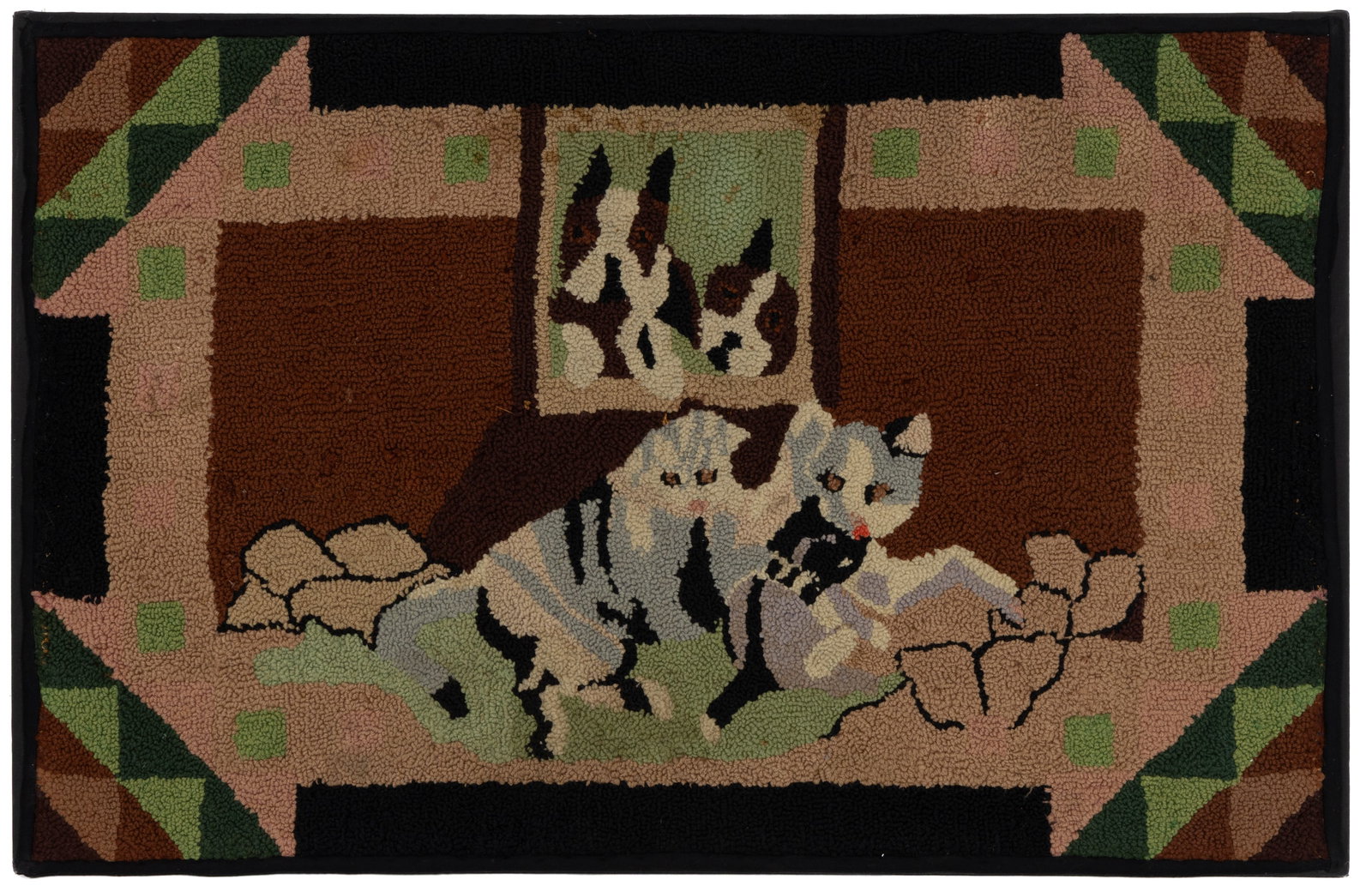 AMERICAN FOLK ART CAT AND DOG PICTORIAL HOOKED RUG (1 of 3)
