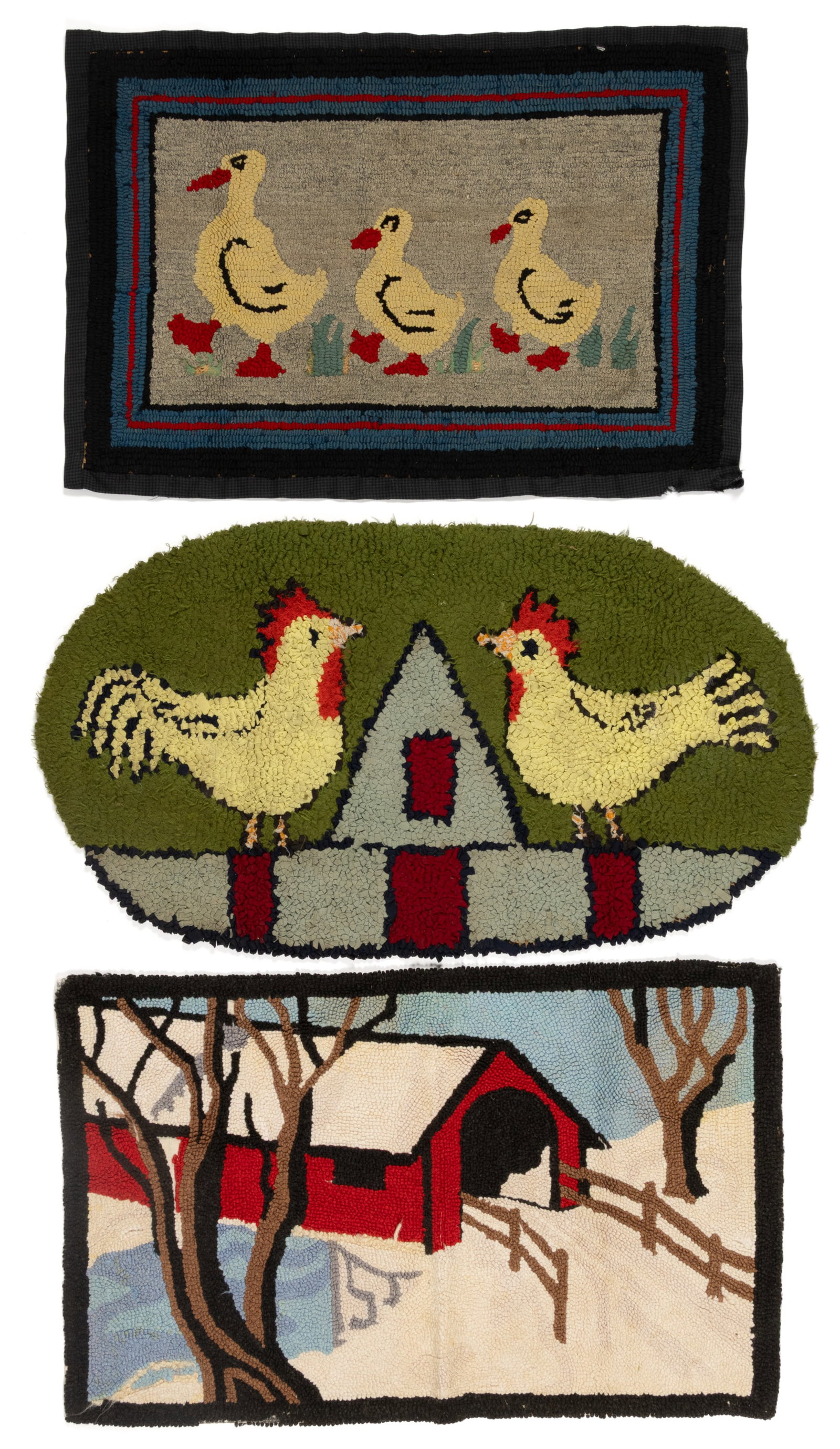 AMERICAN FOLK ART PICTORIAL HOOKED RUGS, LOT OF THREE: AMERICAN FOLK ART PICTORIAL HOOKED RUGS, LOT OF THREE, comprising a rectangular-form with a mother duck and two ducklings waddling in a row having applied houndstooth-pattern binding, an oval-for