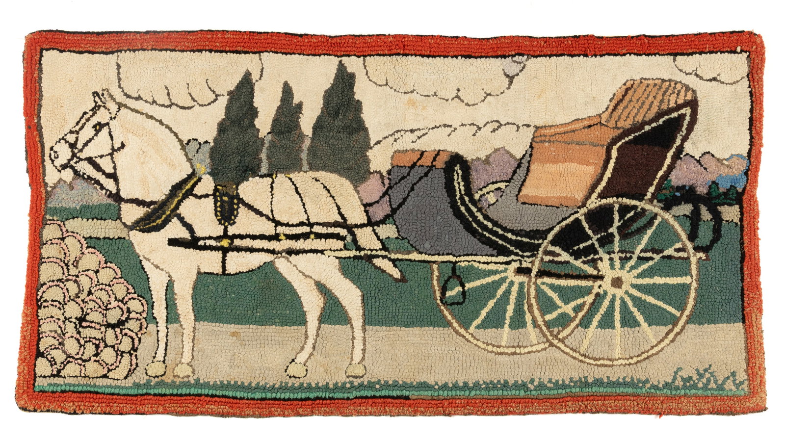 AMERICAN FOLK ART PICTORIAL HORSE AND SURREY HOOKED RUG: AMERICAN FOLK ART PICTORIAL HORSE AND SURREY HOOKED RUG, rectangular form with cotton backing, depicting a white horse pulling a surrey, red border. Reverse having a sewn-on hanging band. First h