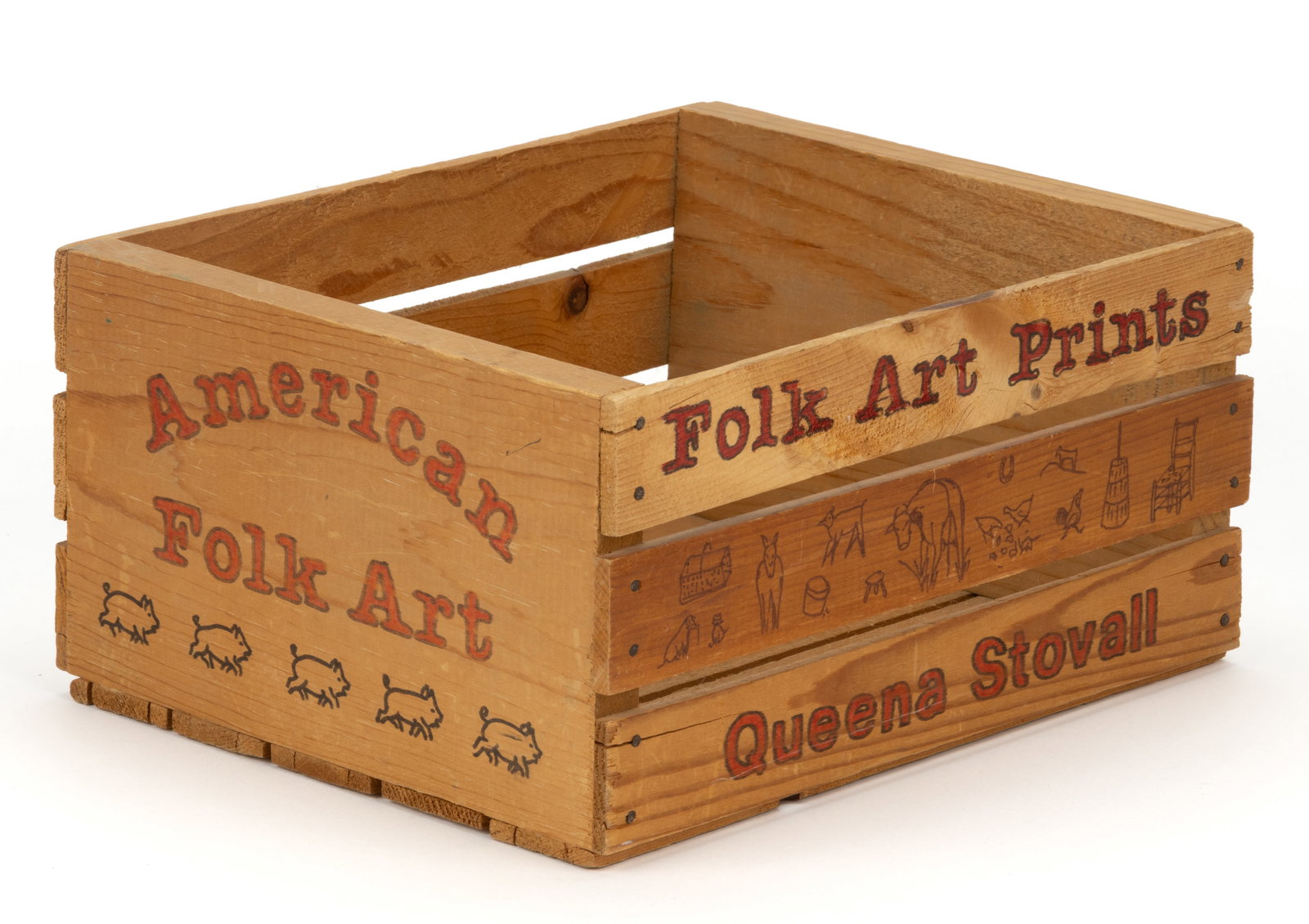 QUEENA STOVALL (LYNCHBURG, VIRGINIA, 1887-1980) FOLK ART DECORATED SALES CRATE (1 of 2)