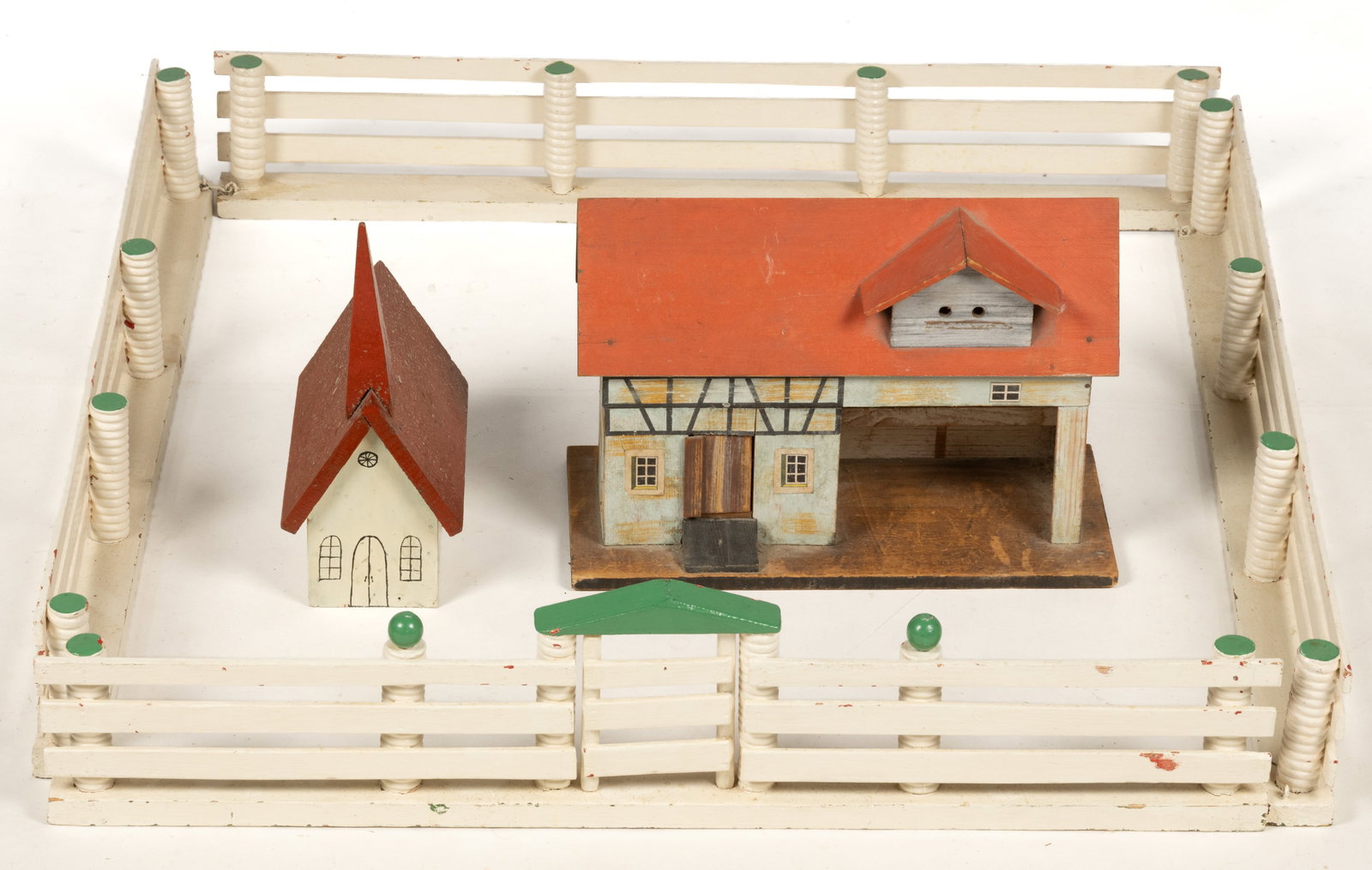 ASSORTED FOLK ART AND OTHER PAINTED WOODEN ARTICLES, LOT OF THREE: ASSORTED FOLK ART AND OTHER PAINTED WOODEN ARTICLES, LOT OF THREE, comprising two structures with nail construction, painted in white and red, including a church with hand drawn windows, and a st