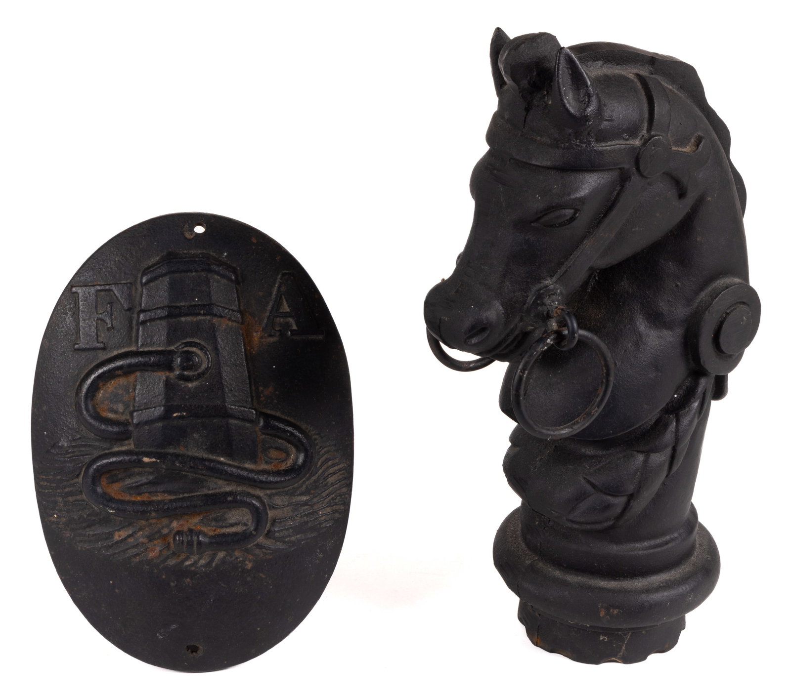 REPRODUCTION CAST IRON FIRE MARK AND HITCHING POST FINIAL, LOT OF TWO (1 of 2)