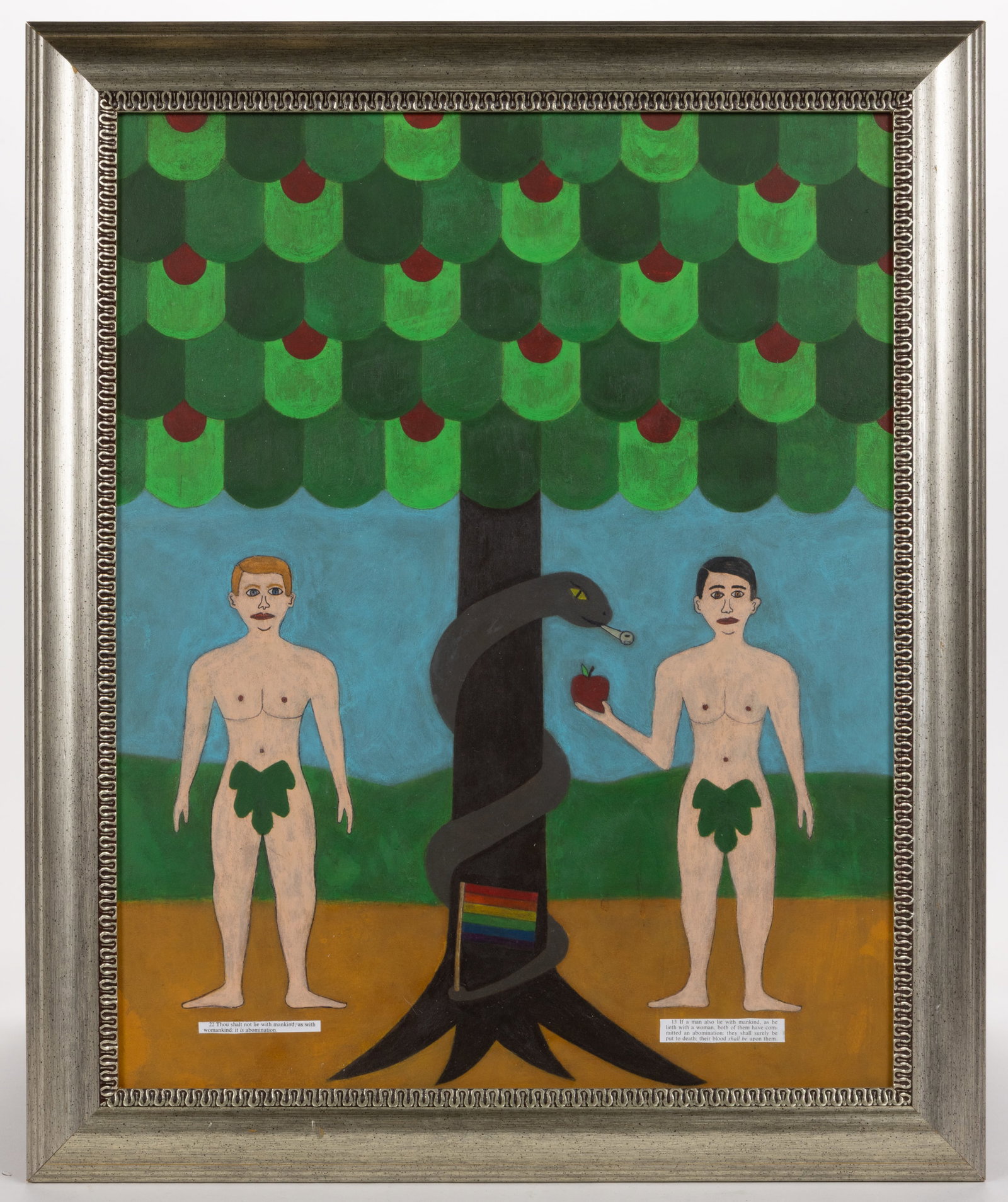 TIM FISHER (AMERICAN, B. 1969) OUTSIDER ART "ADAM AND STEVE" PAINTING: TIM FISHER (AMERICAN, B. 1969) OUTSIDER ART "ADAM AND STEVE" PAINTING, mixed media on board, depicting a homosexual adaptation of Adam and Eve with two men standing in the Garden of Eden, be